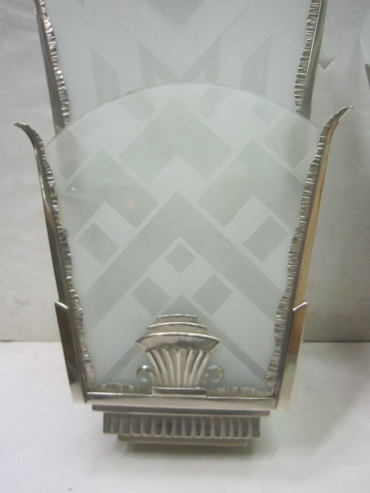 20th Century Large Pair of Art Deco Glass and Nickeled Iron Sconces