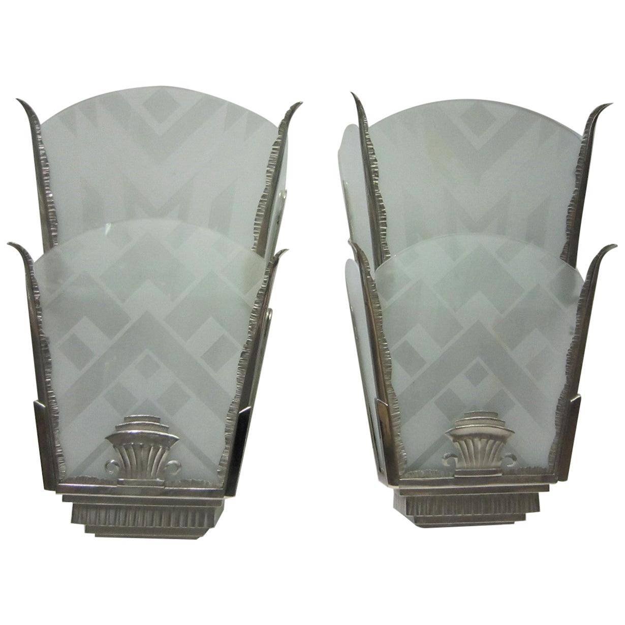 Large Pair of Art Deco Glass and Nickeled Iron Sconces