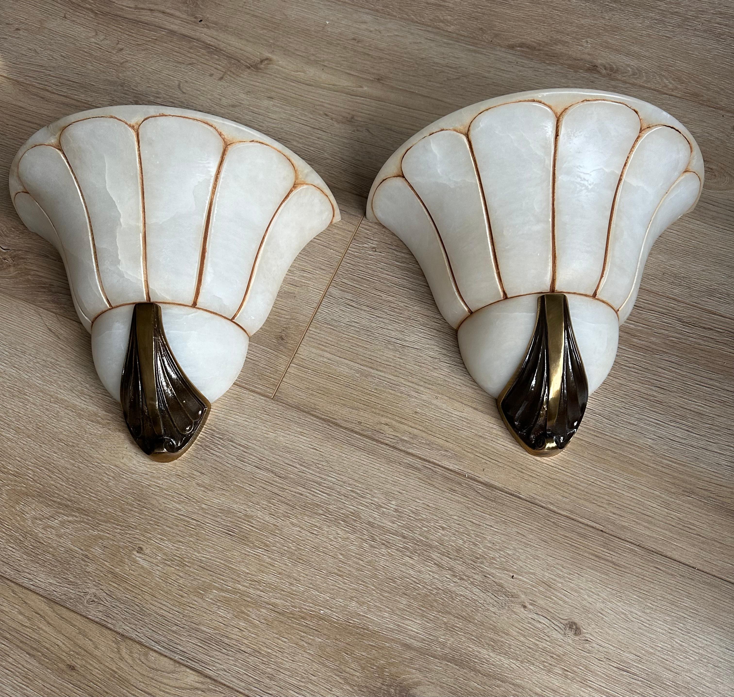 Rare Large Pair Art Deco 'Fan' Design Alabaster & Bronze Sconces / Wall Lights For Sale 5