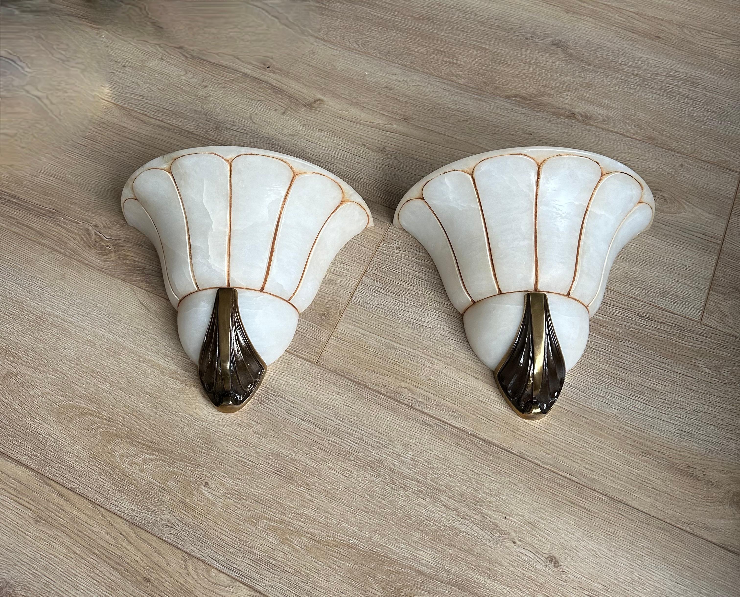 Rare Large Pair Art Deco 'Fan' Design Alabaster & Bronze Sconces / Wall Lights For Sale 6