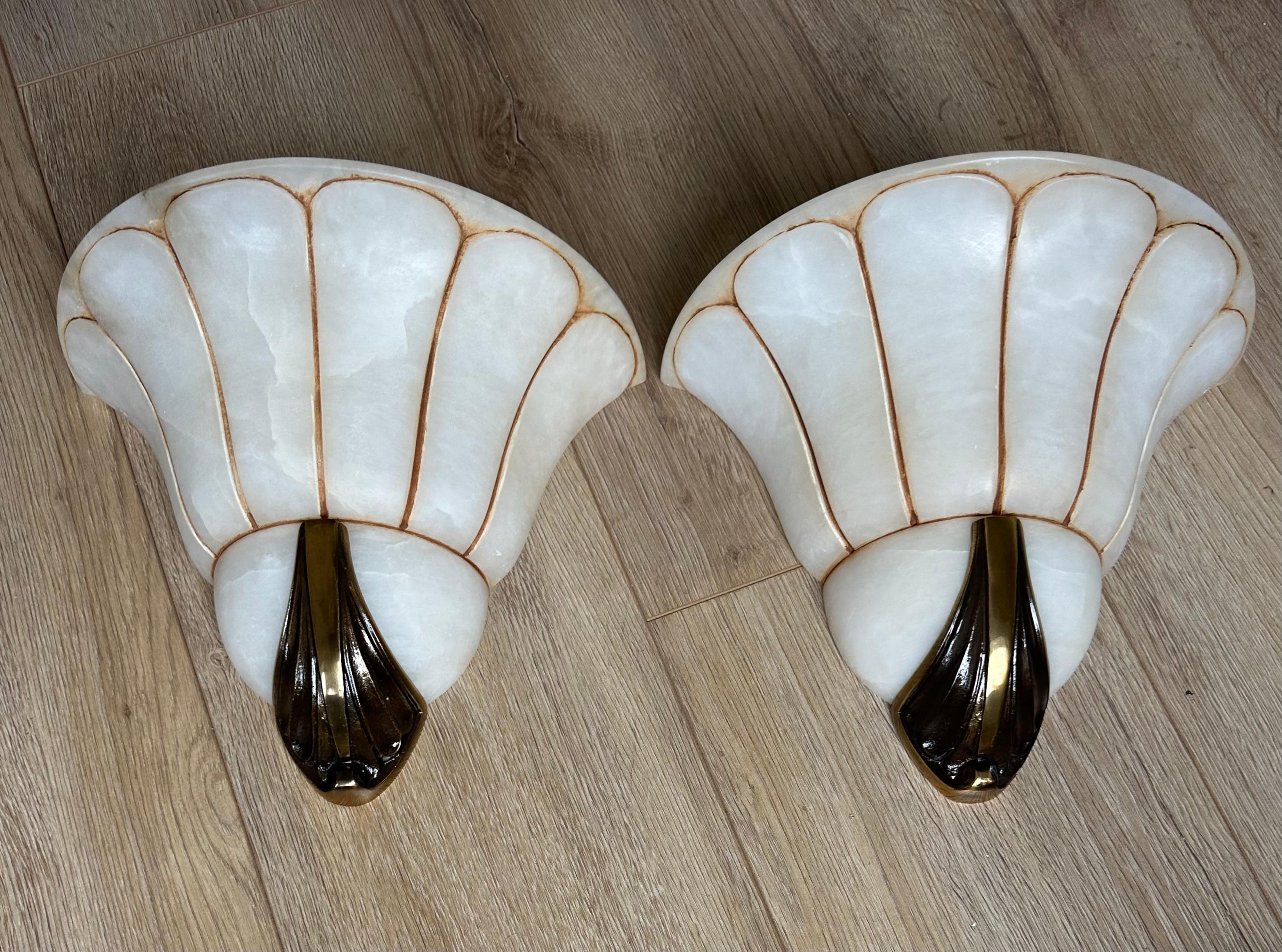 Rare Large Pair Art Deco 'Fan' Design Alabaster & Bronze Sconces / Wall Lights For Sale 7