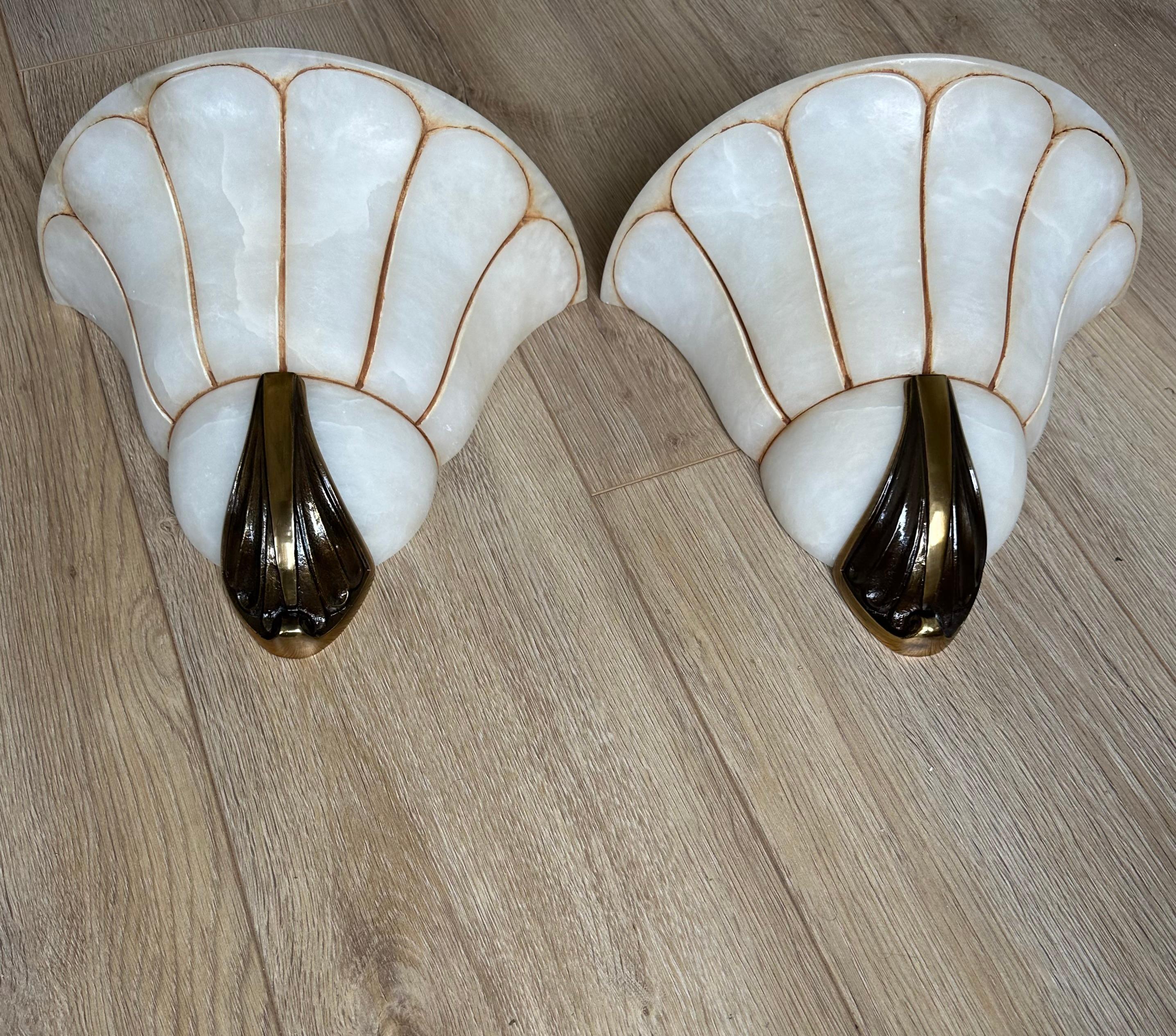 Rare Large Pair Art Deco 'Fan' Design Alabaster & Bronze Sconces / Wall Lights For Sale 8