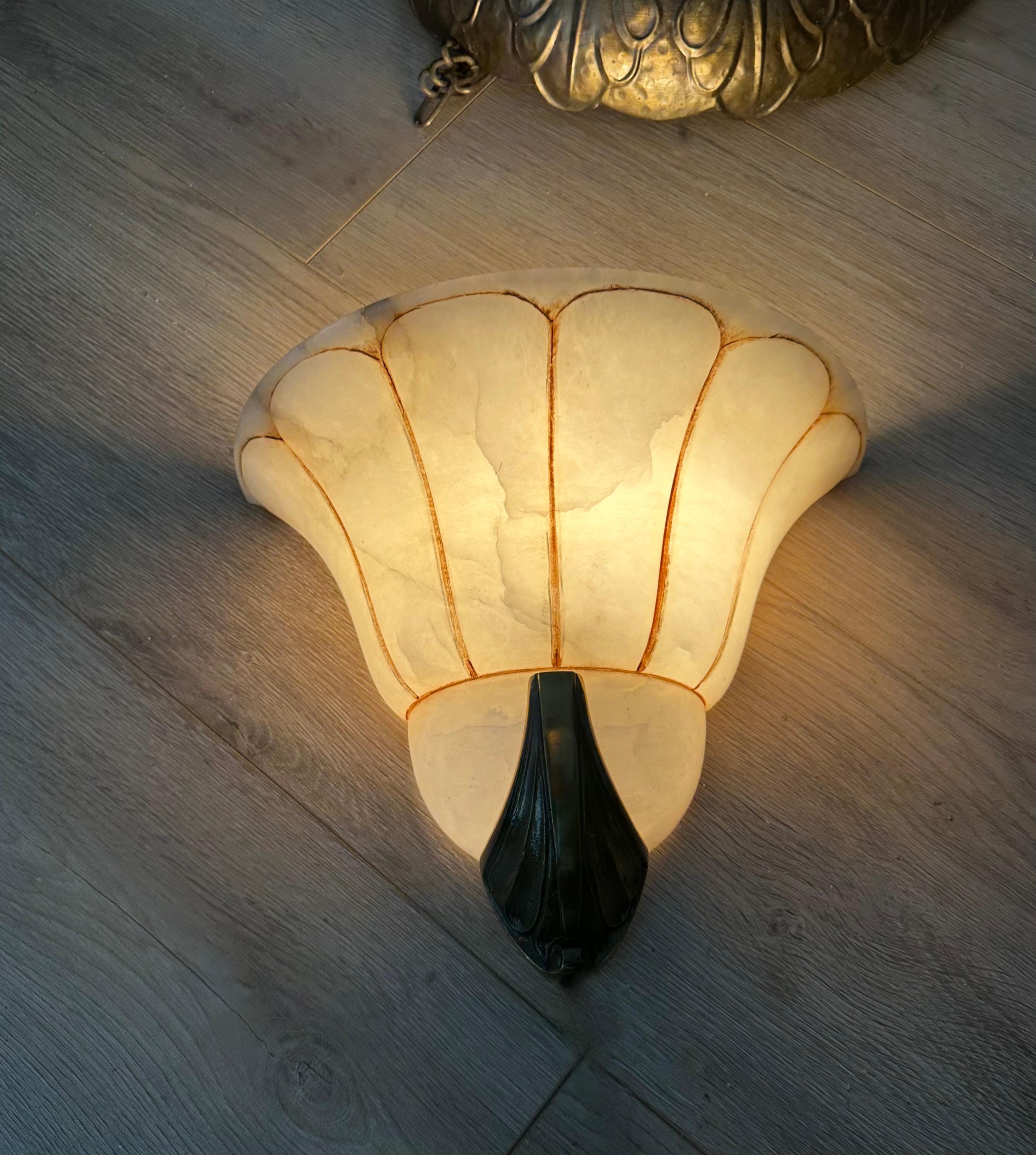 Rare Large Pair Art Deco 'Fan' Design Alabaster & Bronze Sconces / Wall Lights For Sale 9