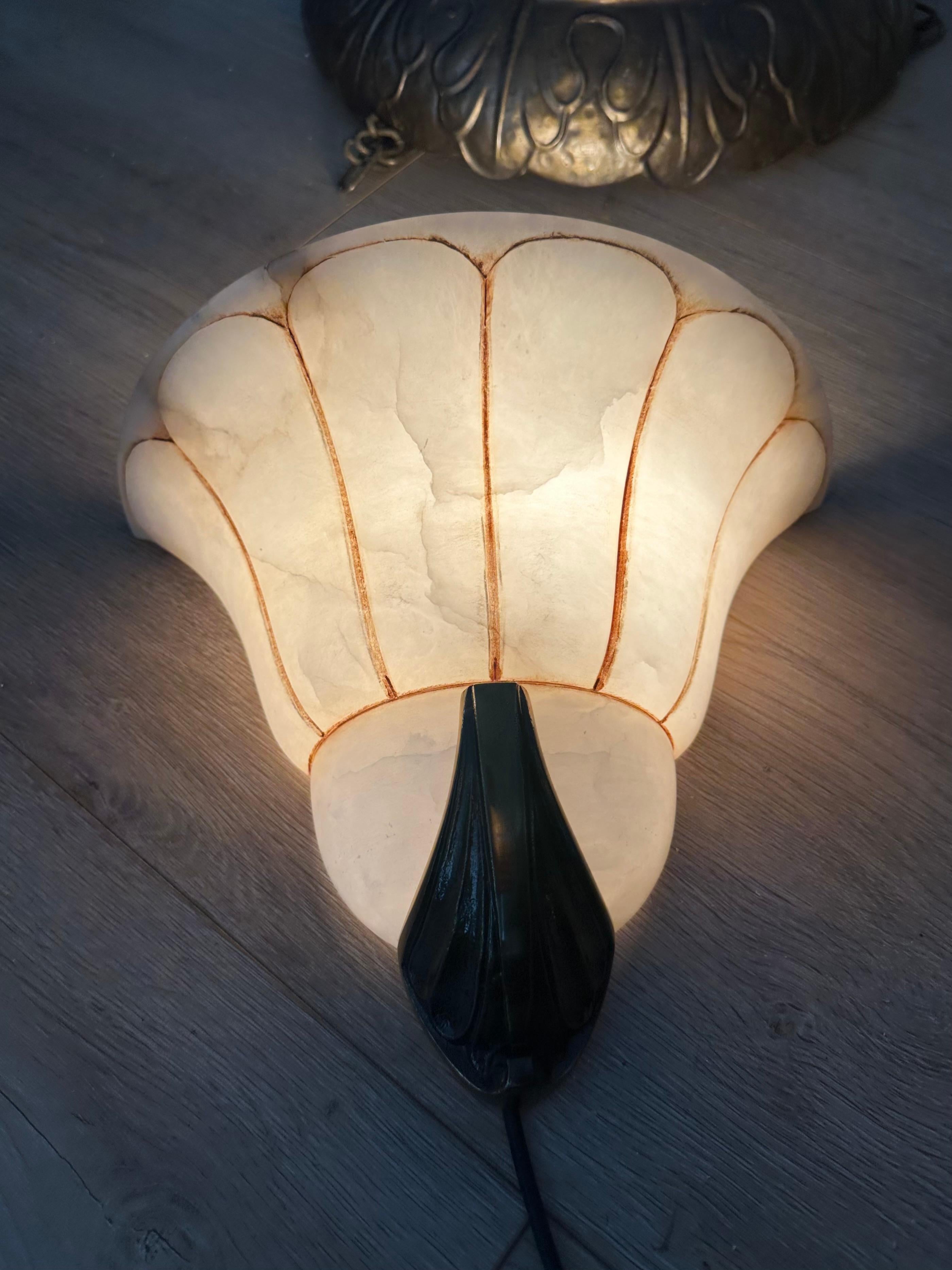 Rare Large Pair Art Deco 'Fan' Design Alabaster & Bronze Sconces / Wall Lights For Sale 10