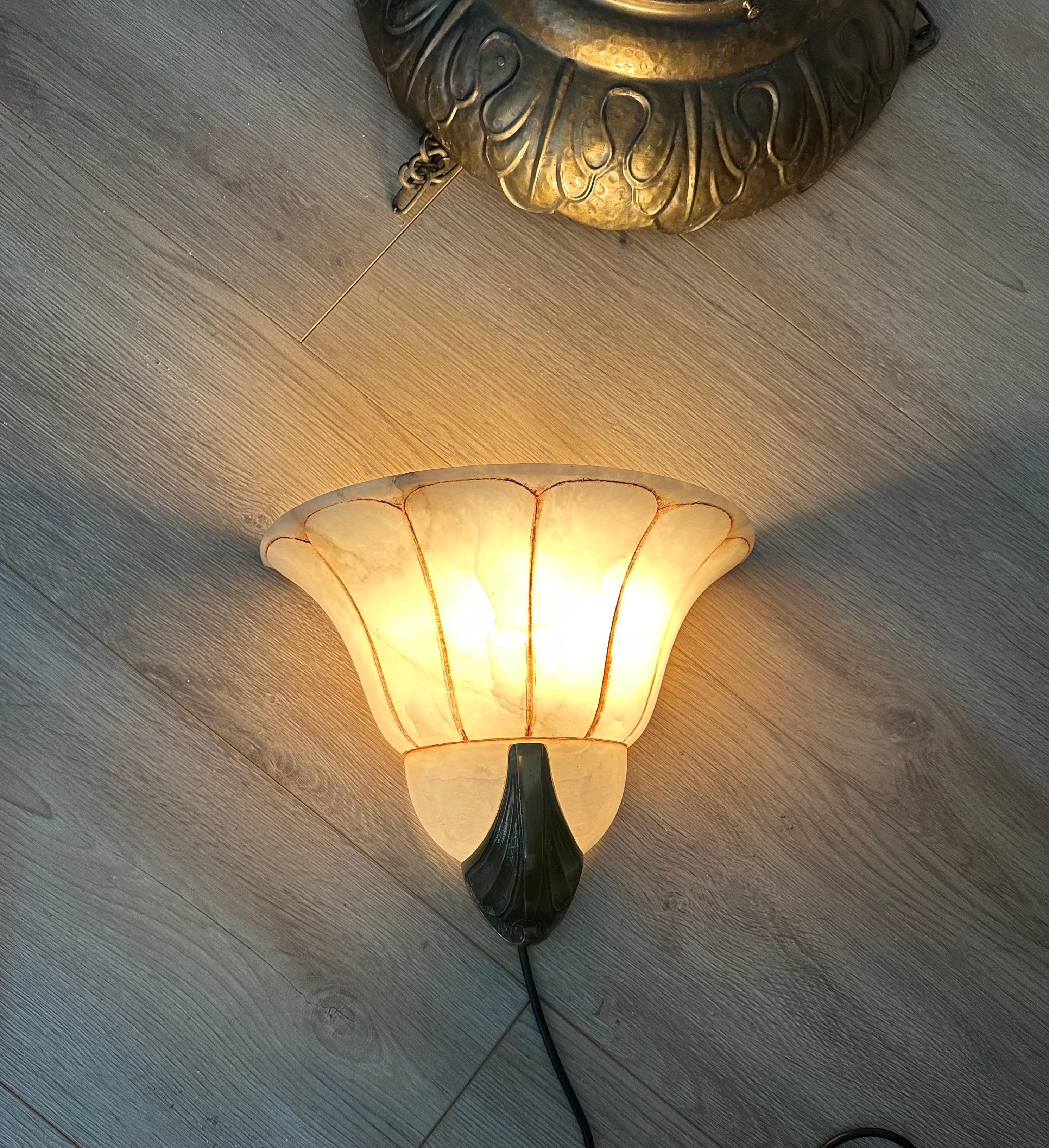 Rare Large Pair Art Deco 'Fan' Design Alabaster & Bronze Sconces / Wall Lights For Sale 11
