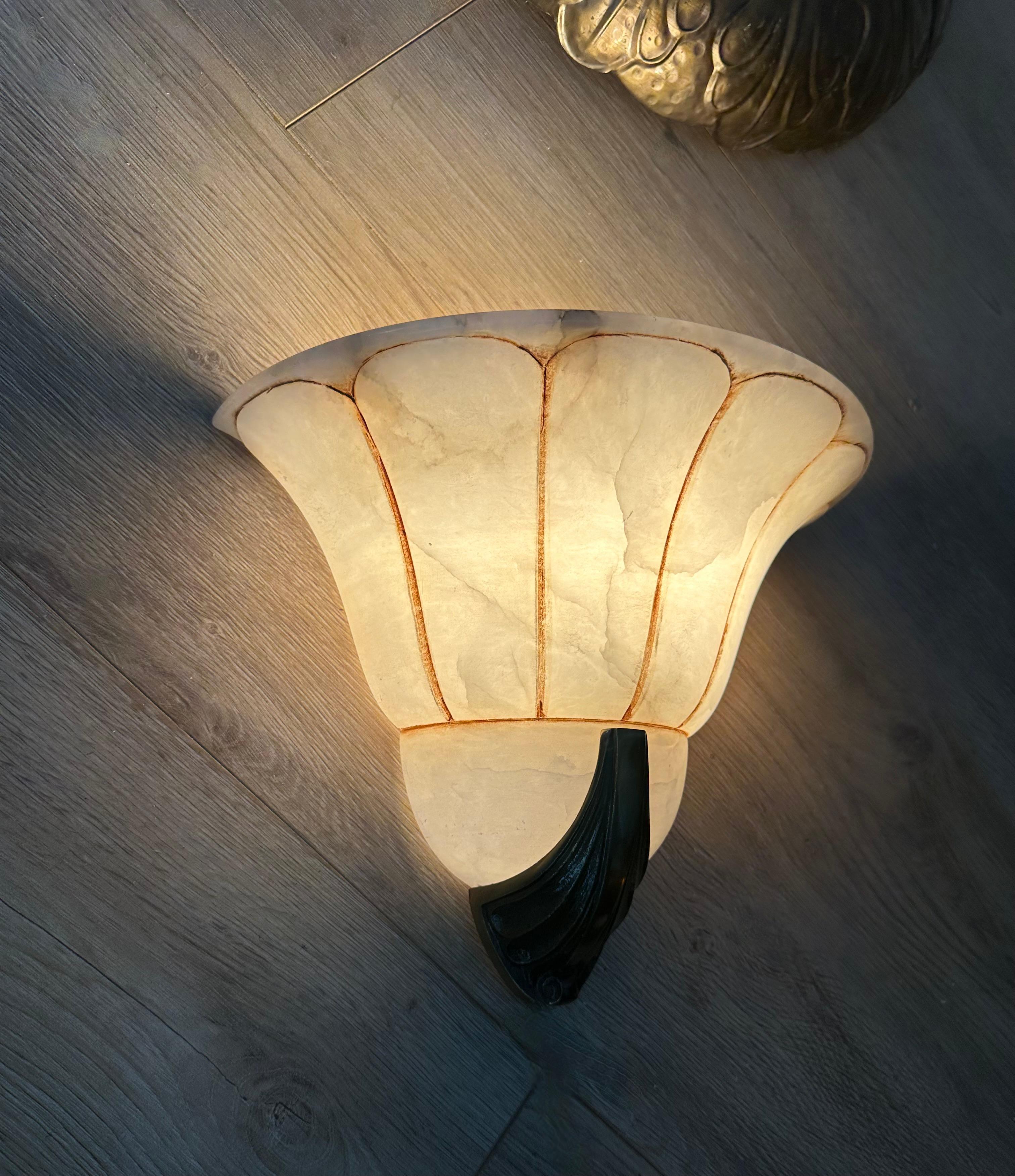 Rare Large Pair Art Deco 'Fan' Design Alabaster & Bronze Sconces / Wall Lights For Sale 12