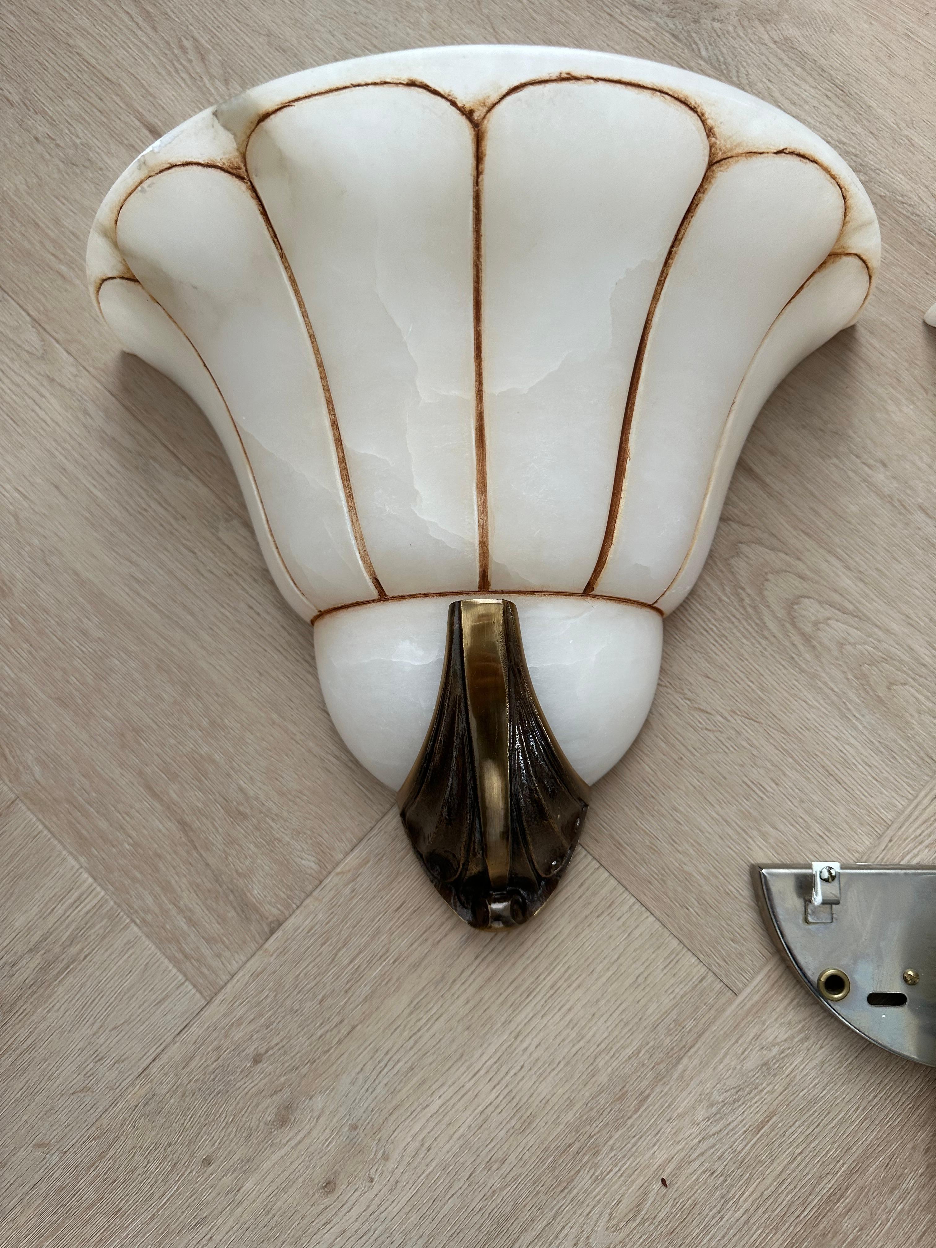 French Rare Large Pair Art Deco 'Fan' Design Alabaster & Bronze Sconces / Wall Lights For Sale