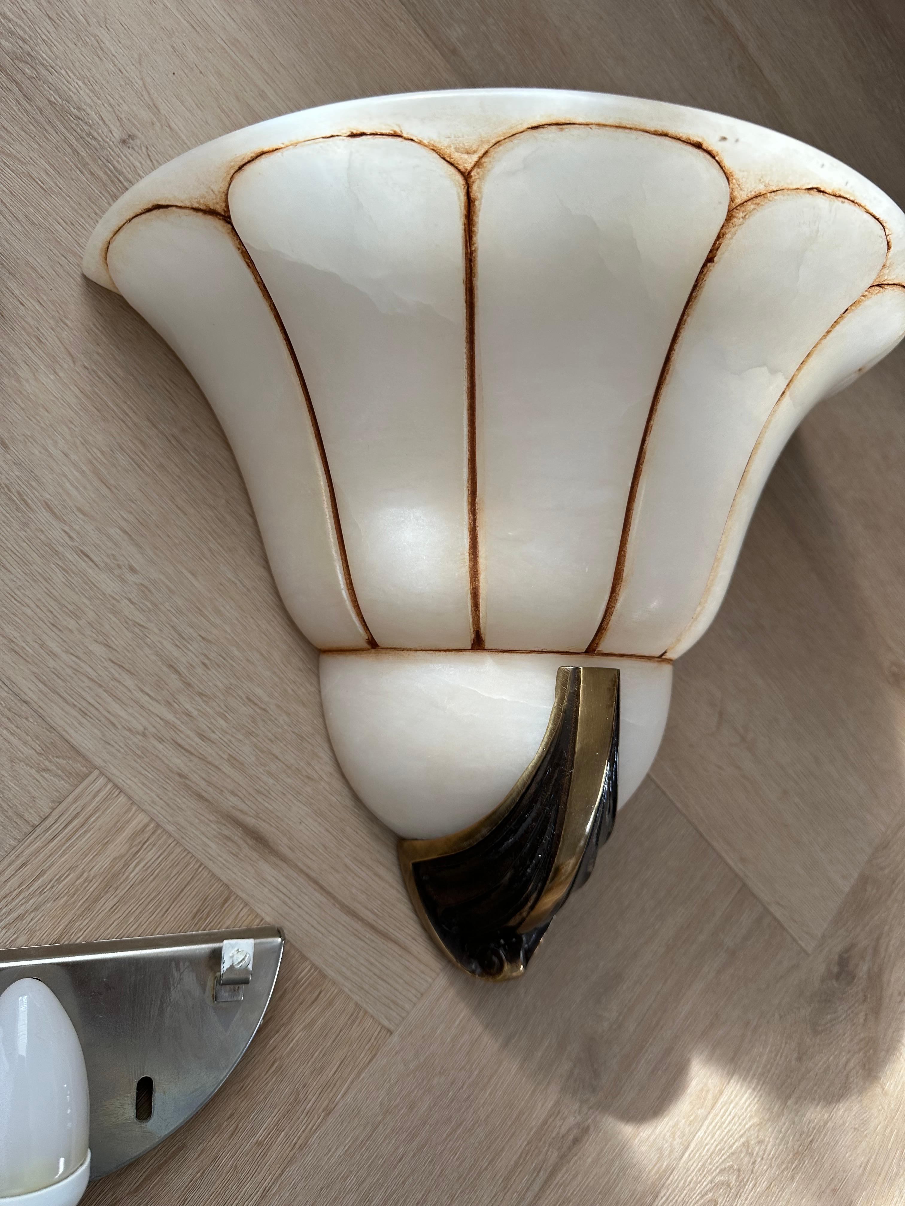 Hand-Carved Rare Large Pair Art Deco 'Fan' Design Alabaster & Bronze Sconces / Wall Lights For Sale