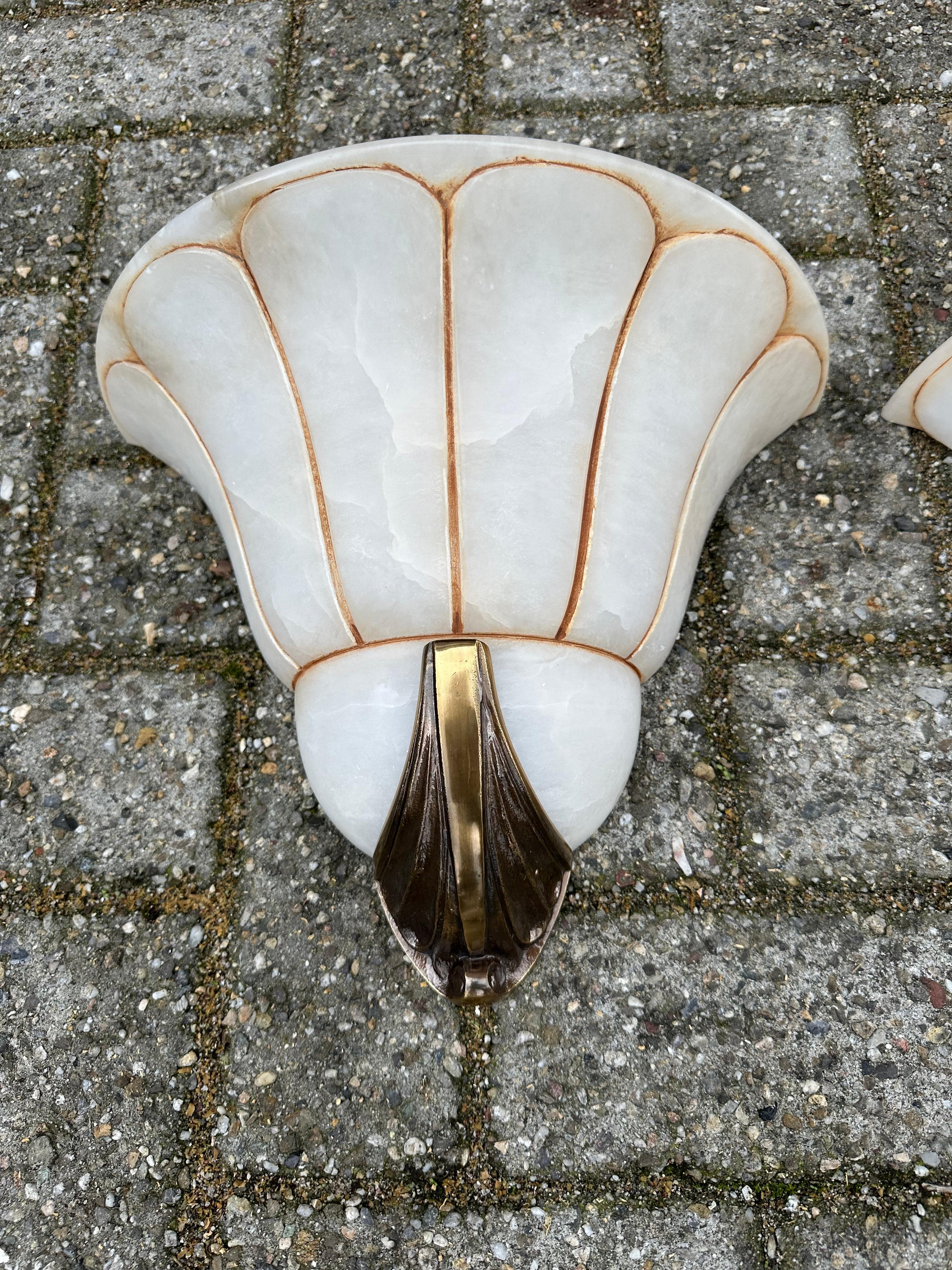 20th Century Rare Large Pair Art Deco 'Fan' Design Alabaster & Bronze Sconces / Wall Lights For Sale