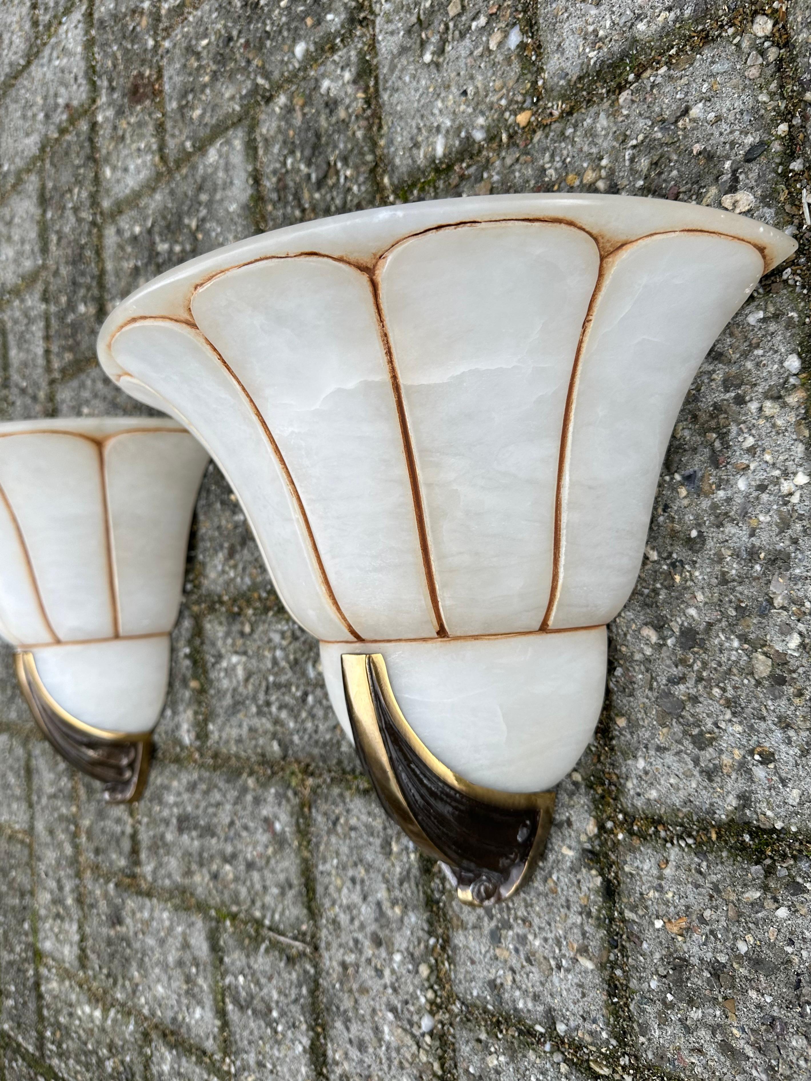 Rare Large Pair Art Deco 'Fan' Design Alabaster & Bronze Sconces / Wall Lights For Sale 2