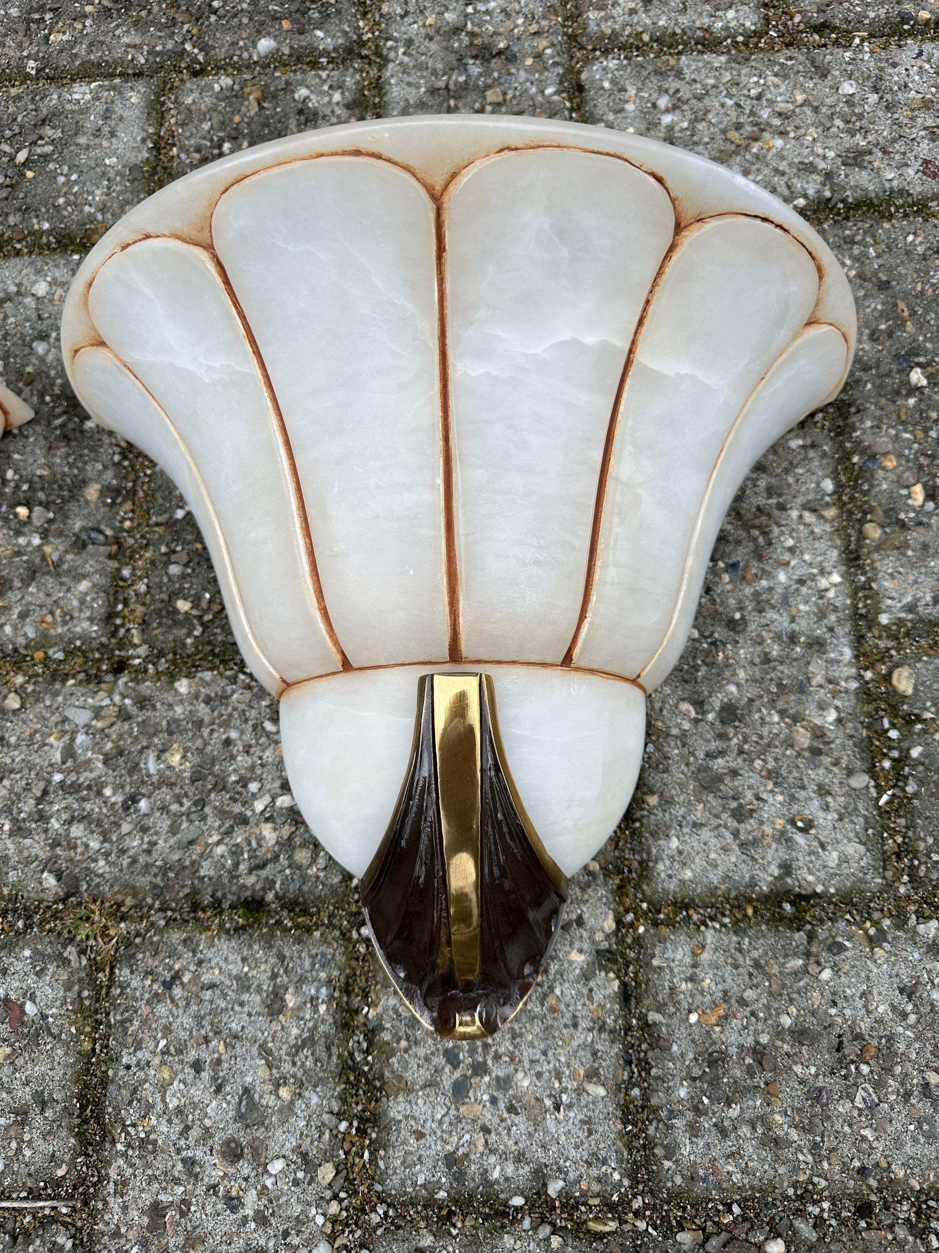 Rare Large Pair Art Deco 'Fan' Design Alabaster & Bronze Sconces / Wall Lights For Sale 3