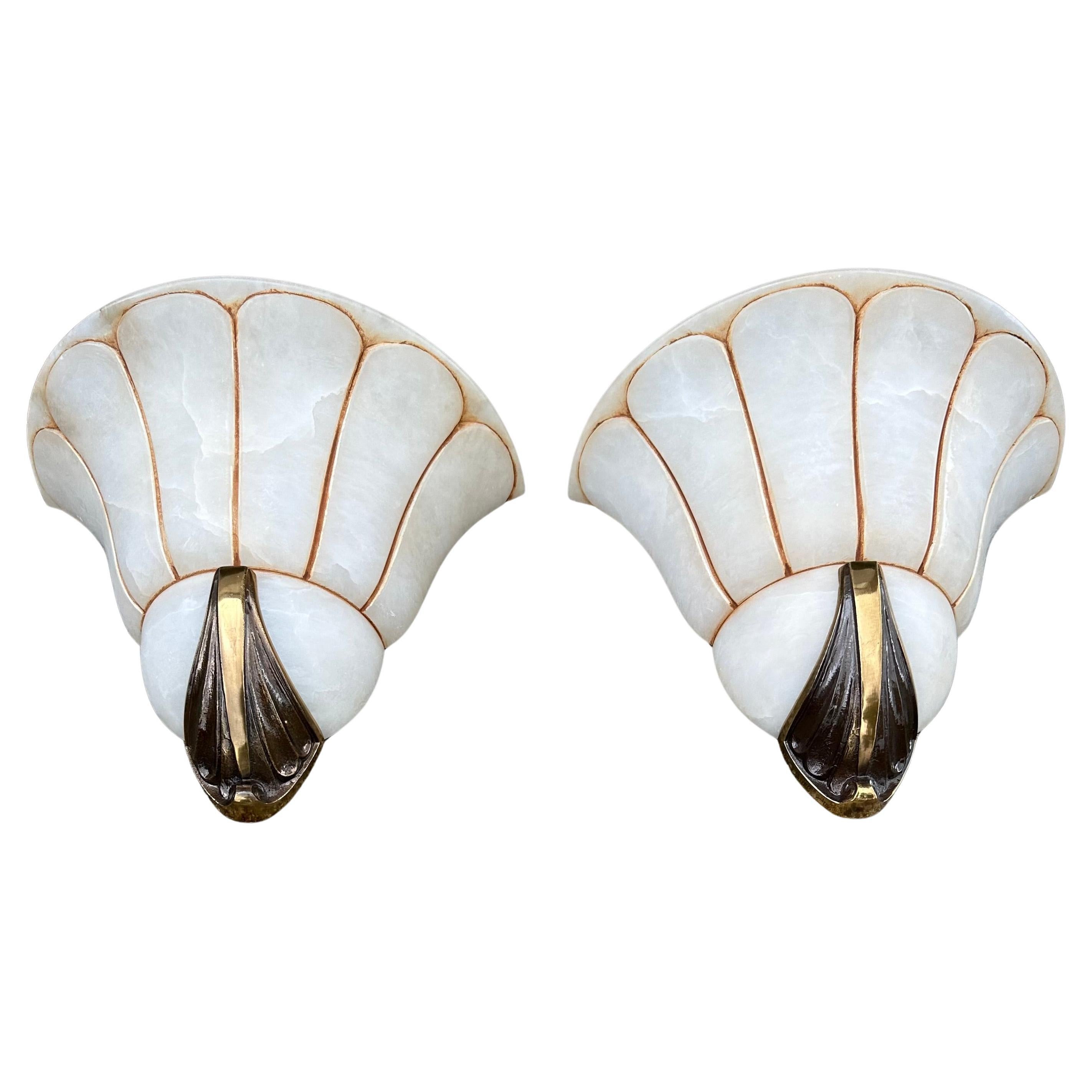 Rare Large Pair Art Deco 'Fan' Design Alabaster & Bronze Sconces / Wall Lights