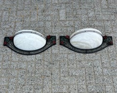 Large Pair of Art Deco Style Alabaster & Wrought Iron Wall Sconces w. Red Roses