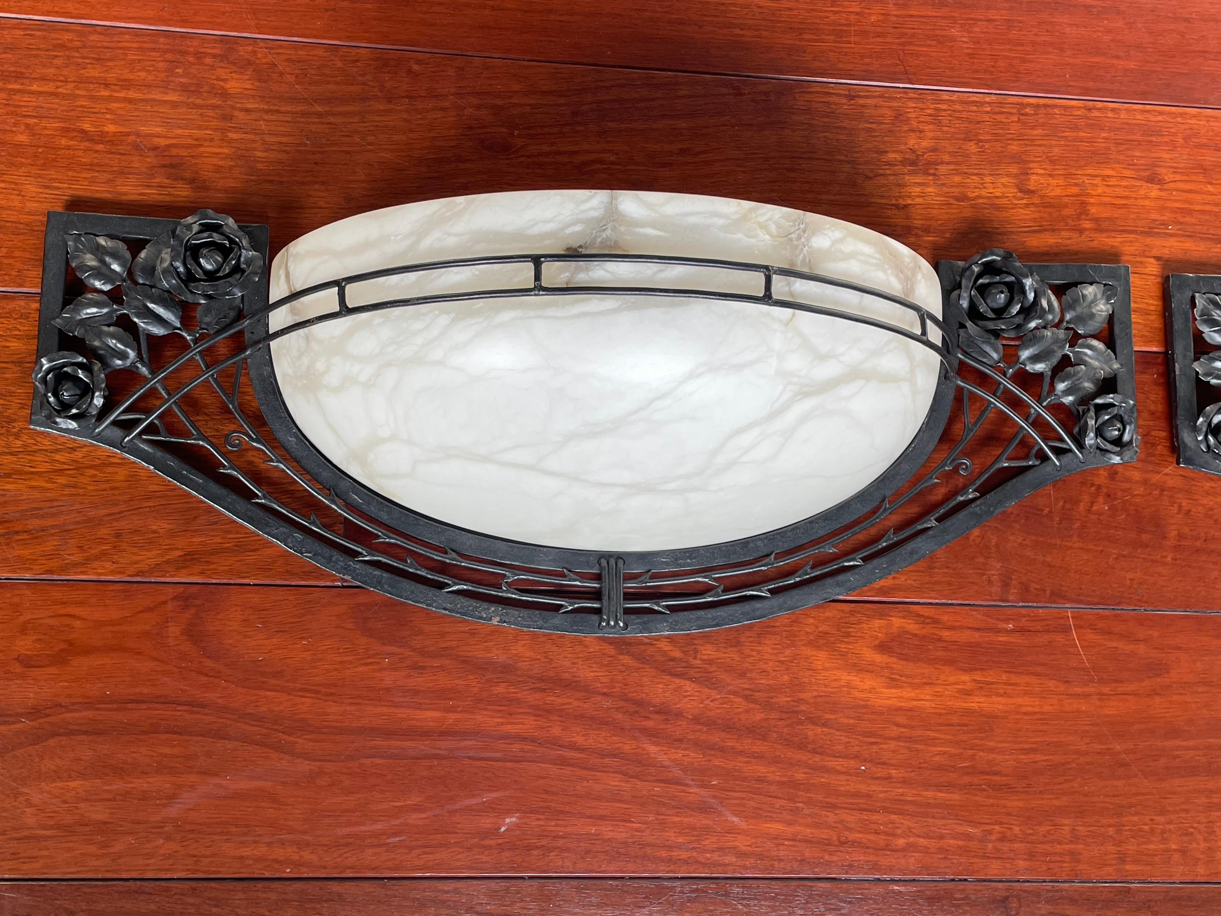 Blackened Large Pair of Art Deco Style Alabaster & Wrought Iron Wall Sconces w. Roses For Sale