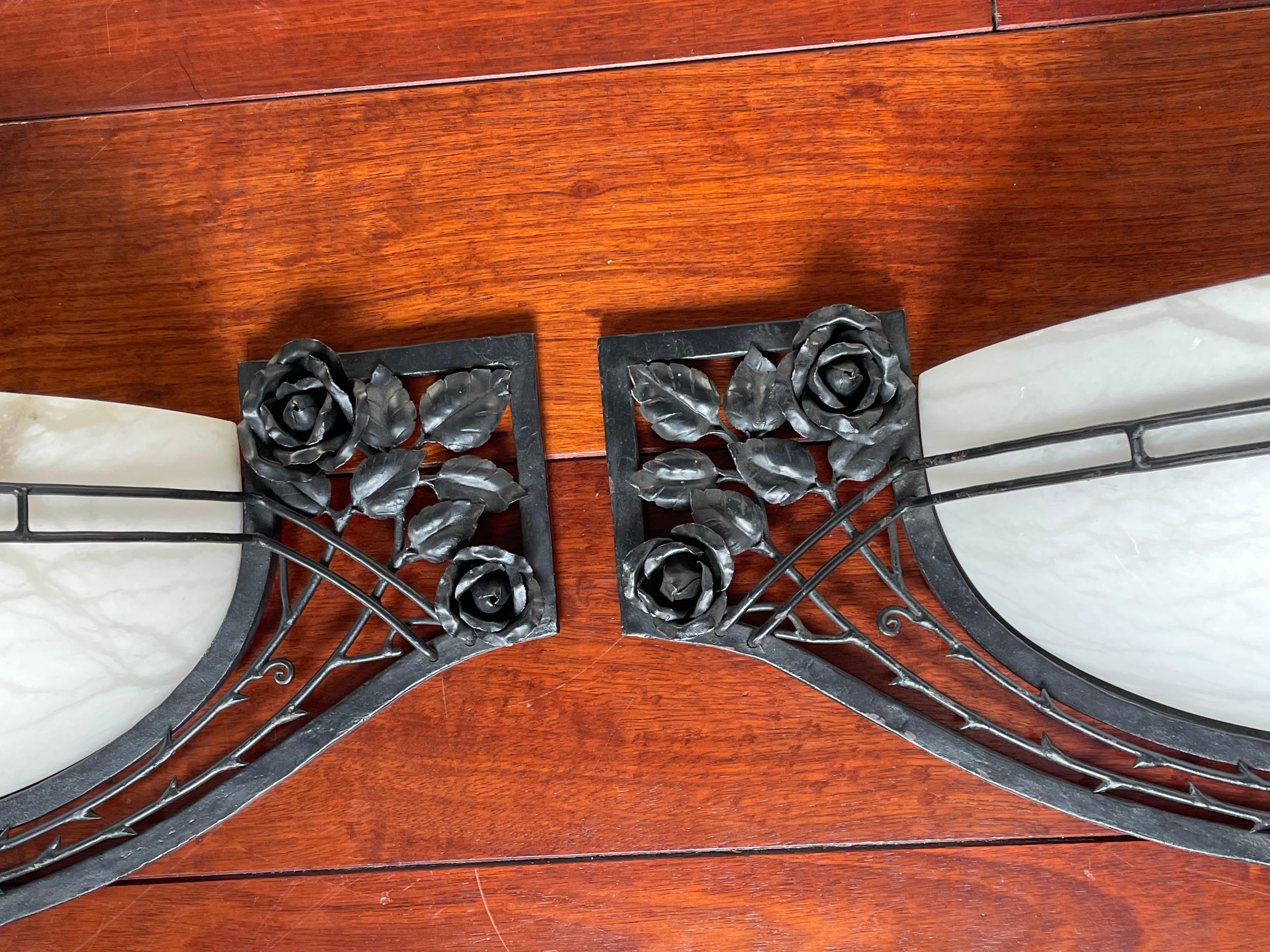 Large Pair of Art Deco Style Alabaster & Wrought Iron Wall Sconces w. Roses For Sale 1