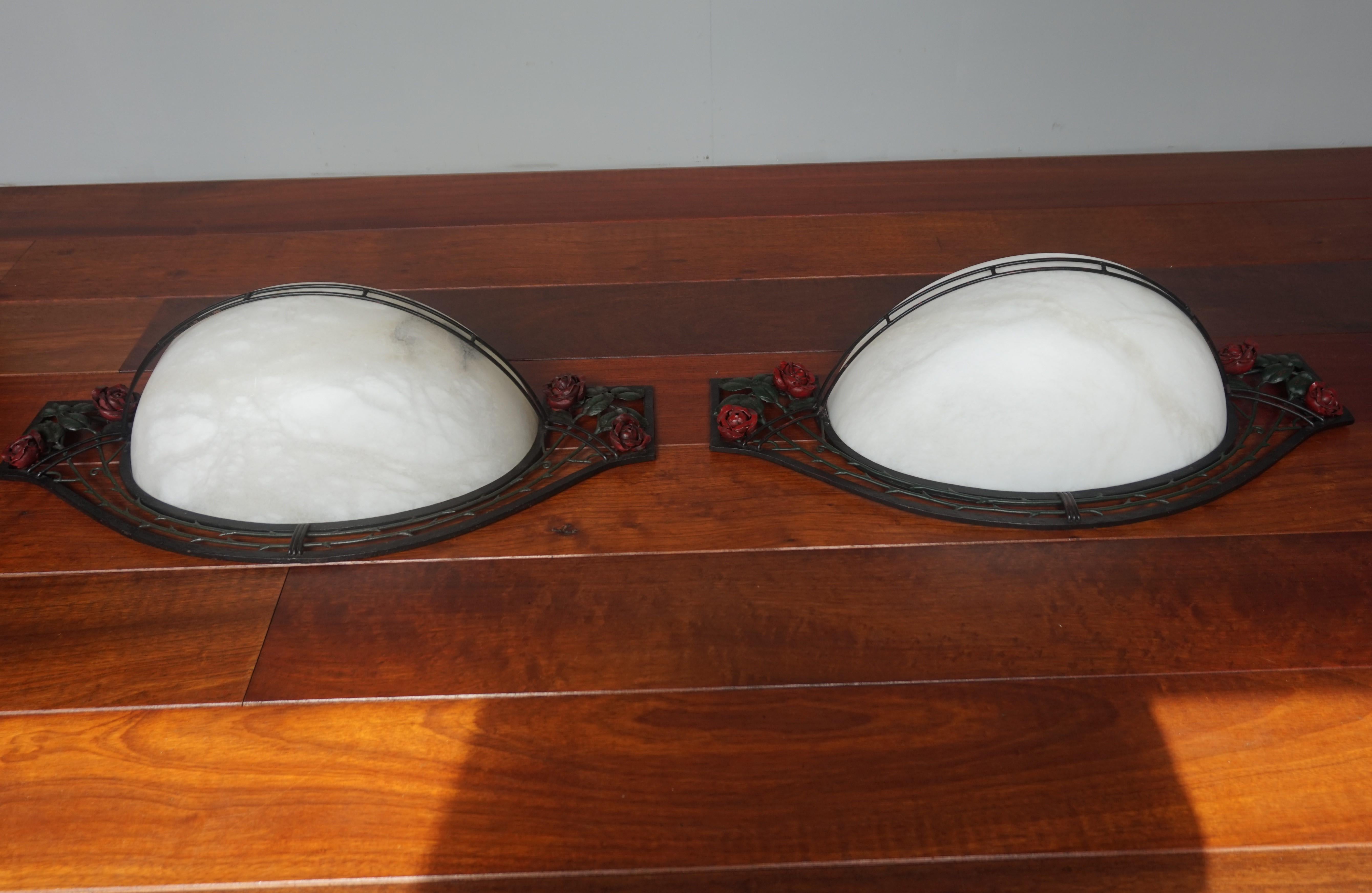 Large Pair of Art Deco Style Alabaster & Wrought Iron Wall Sconces / Wall Lights For Sale 13