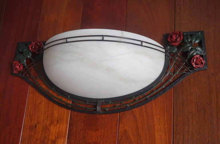 Large Pair of Art Deco Style Alabaster & Wrought Iron Wall Sconces / Wall Lights In Excellent Condition For Sale In Lisse, NL