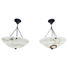 Large Pair of Art Deco Style, Midcentury Made Alabaster Chandeliers / Pendants