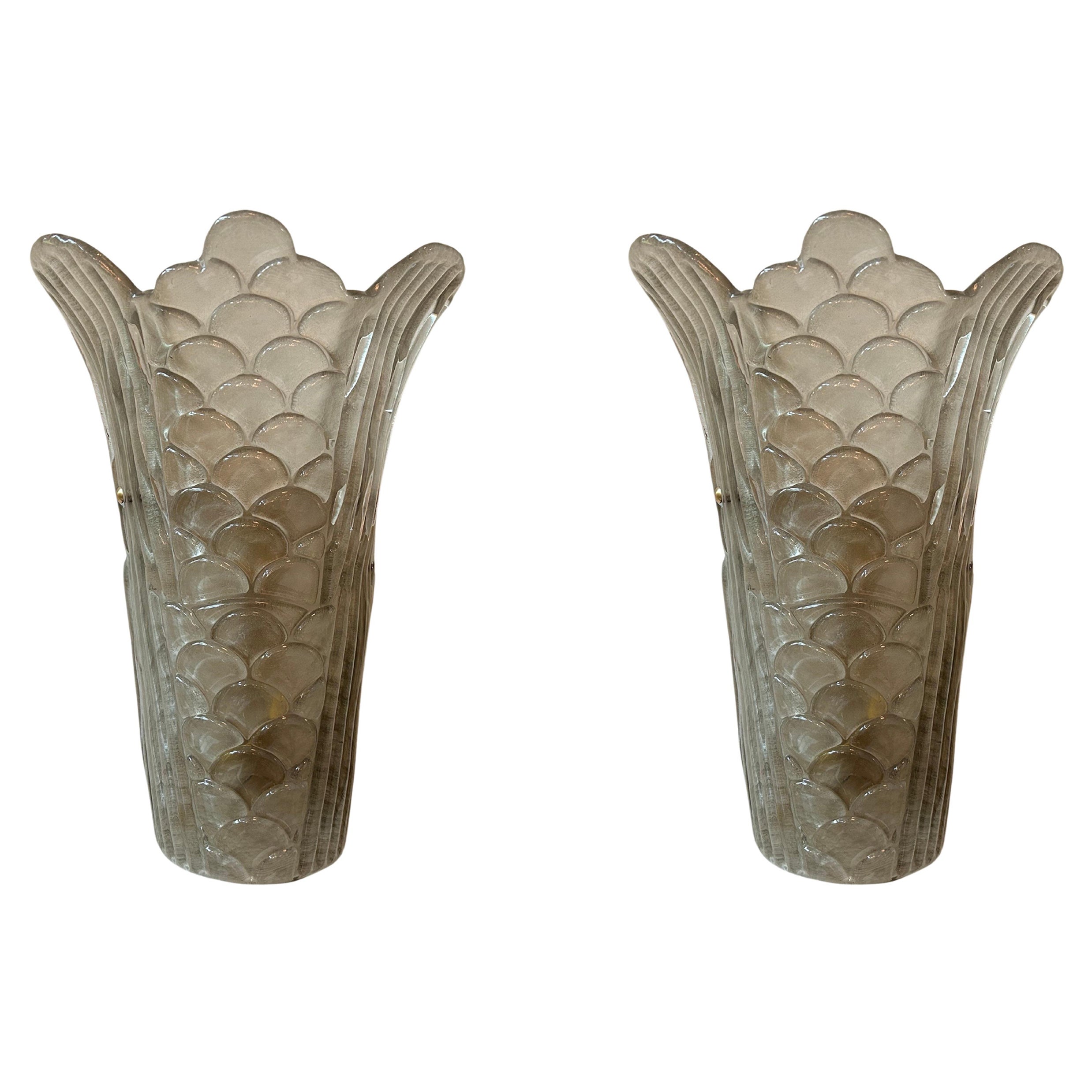 Large Pair Of Art Deco Style Murano Glass Sconces For Sale
