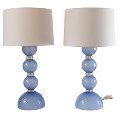 Large Pair of Artisan Blown Pale Blue Swirl Lamps, Contemporary