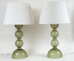 Large Pair of Artisan Blown Pale Green Swirl Lamps, Contemporary