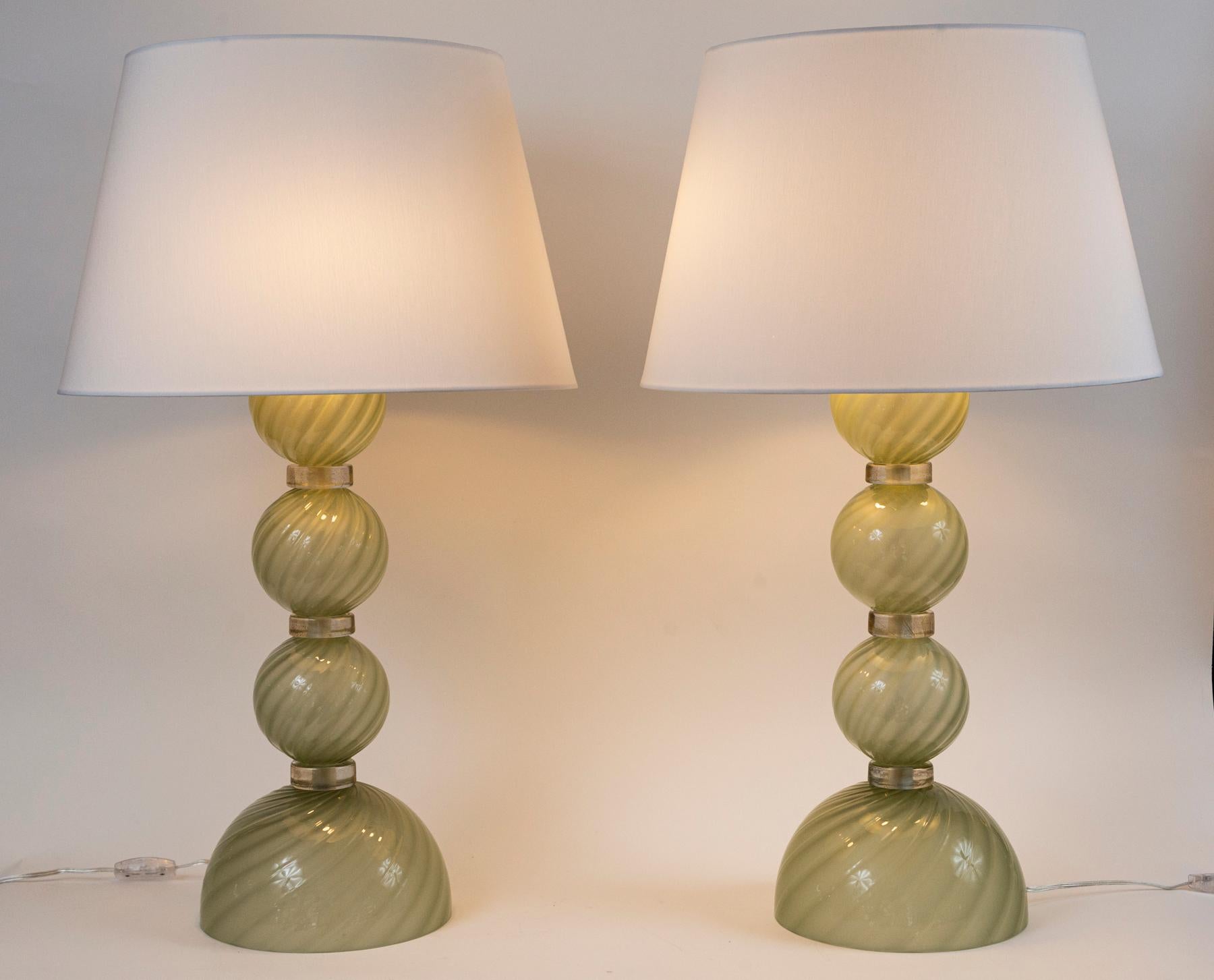 Italian Large Pair of Artisan Blown Pale Green Swirl Lamps, Contemporary For Sale