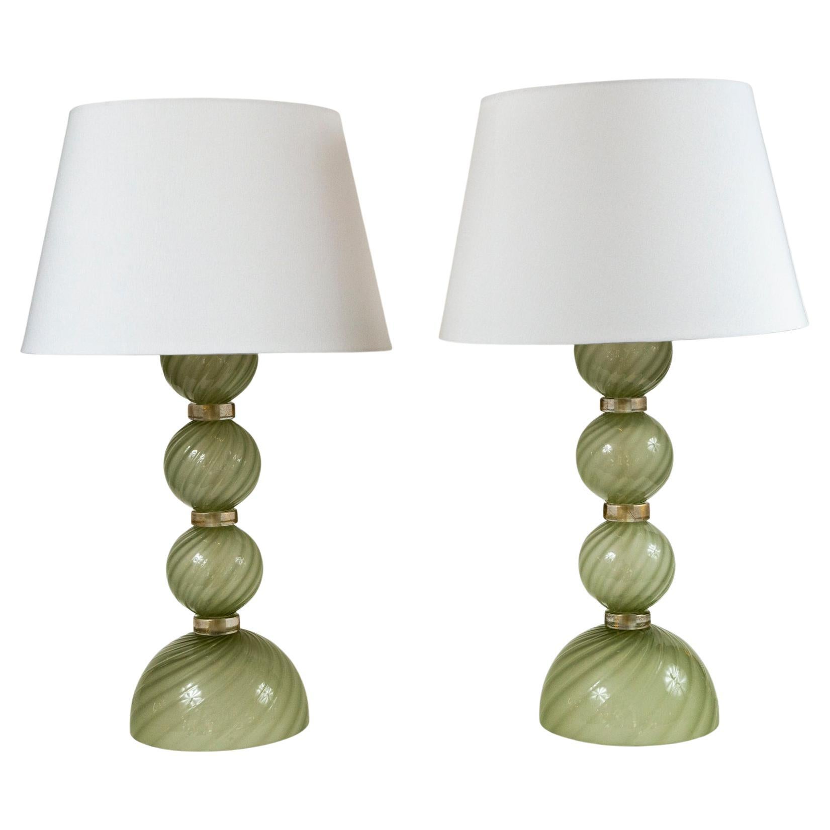 Large Pair of Artisan Blown Pale Green Swirl Lamps, Contemporary