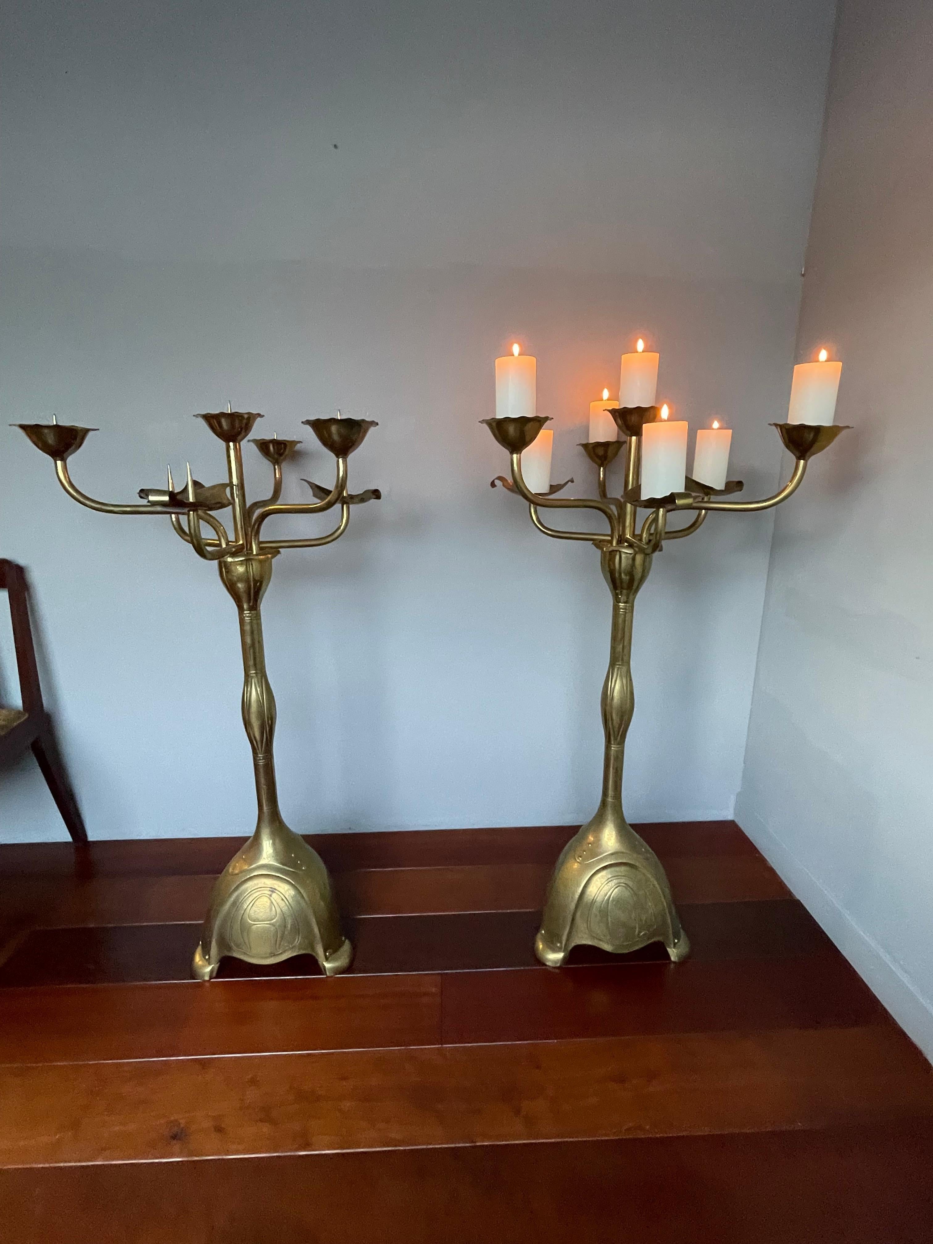 Largest Pair of Arts and Crafts Floor Candle Holders / Alpha & Omega Candelabras For Sale 13