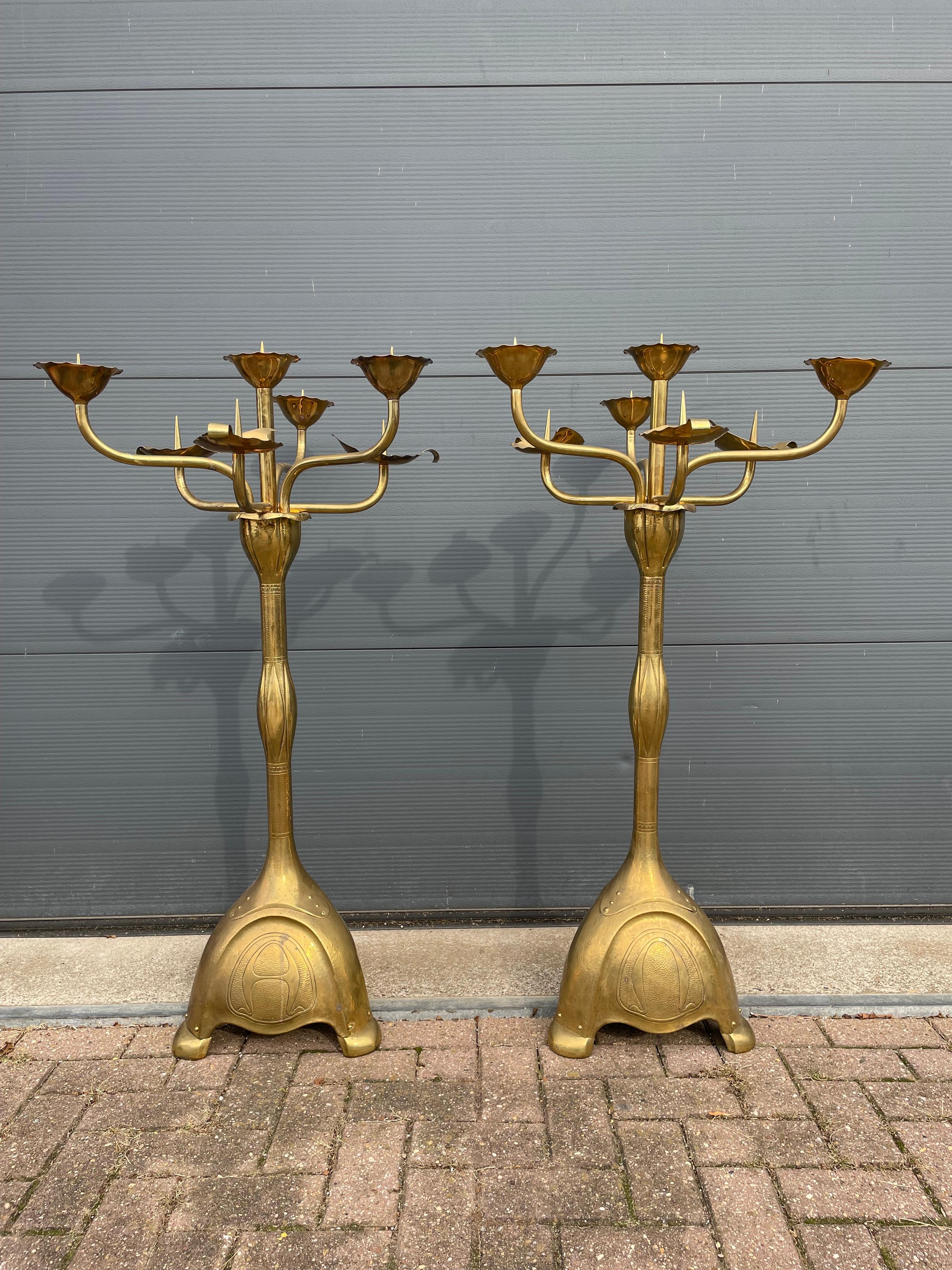 Dutch Largest Pair of Arts and Crafts Floor Candle Holders / Alpha & Omega Candelabras For Sale