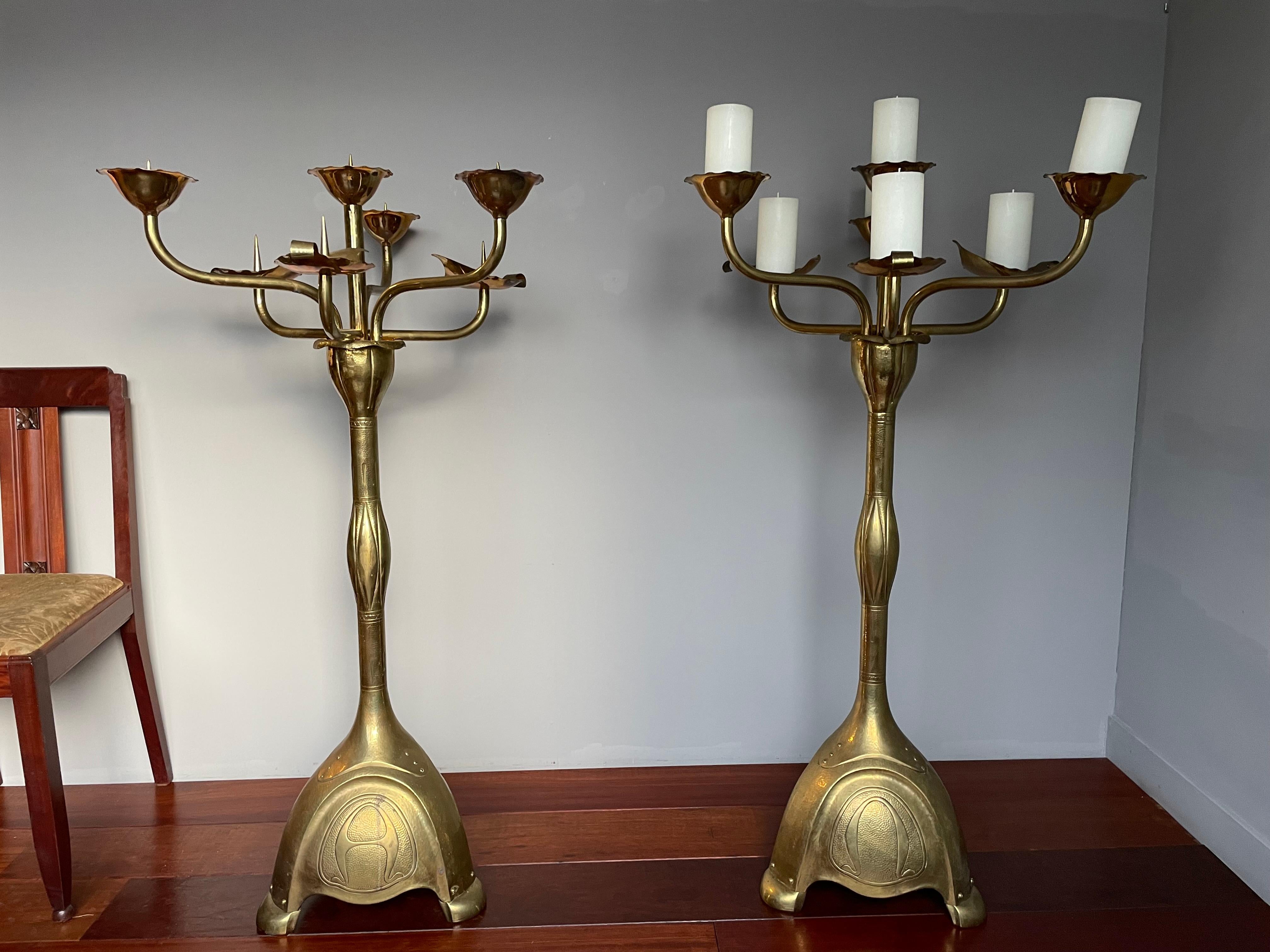 20th Century Largest Pair of Arts and Crafts Floor Candle Holders / Alpha & Omega Candelabras For Sale