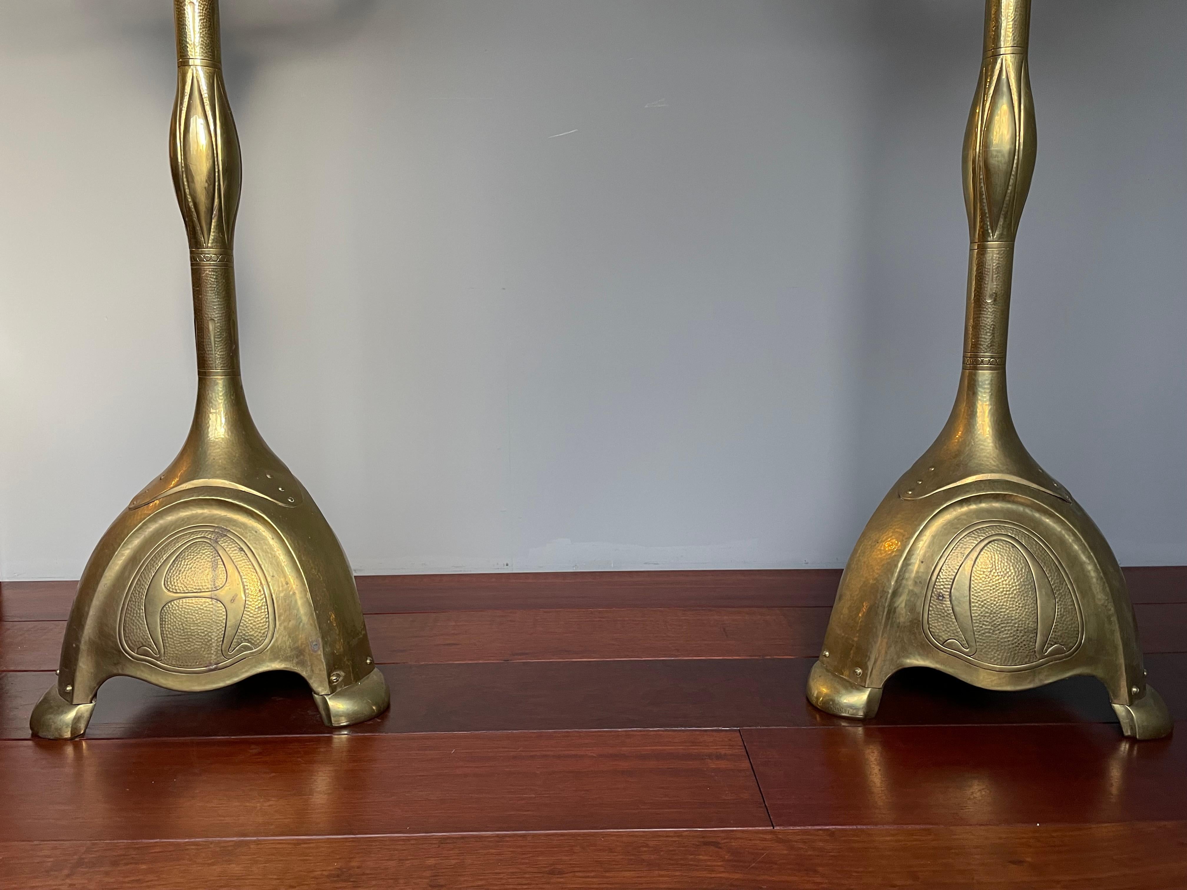 Brass Largest Pair of Arts and Crafts Floor Candle Holders / Alpha & Omega Candelabras For Sale