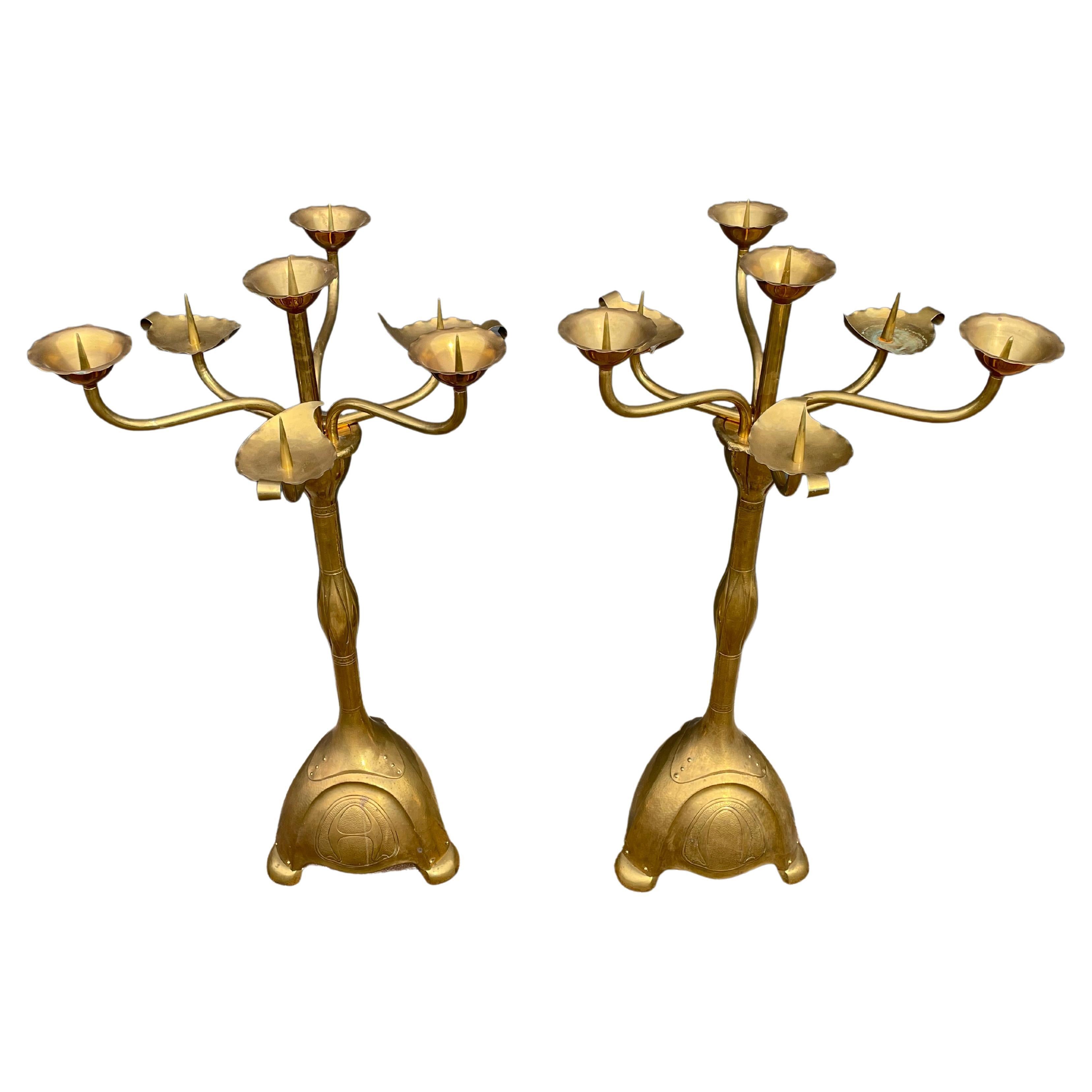 Largest Pair of Arts and Crafts Floor Candle Holders / Alpha & Omega Candelabras For Sale
