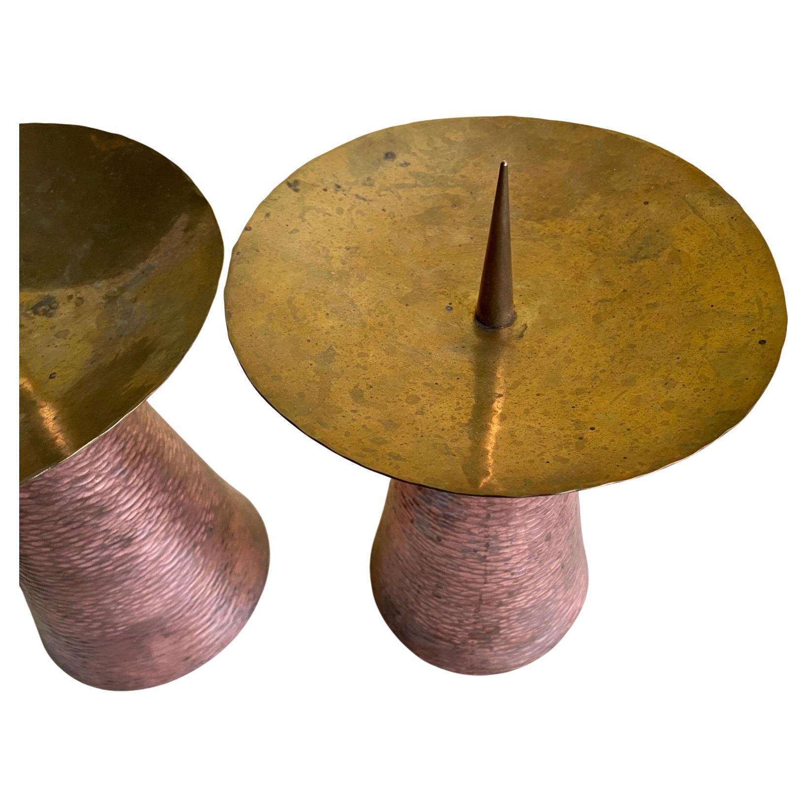 European Large Pair of Arts and Crafts hammered Copper and Brass Candlesticks circa 1970s For Sale