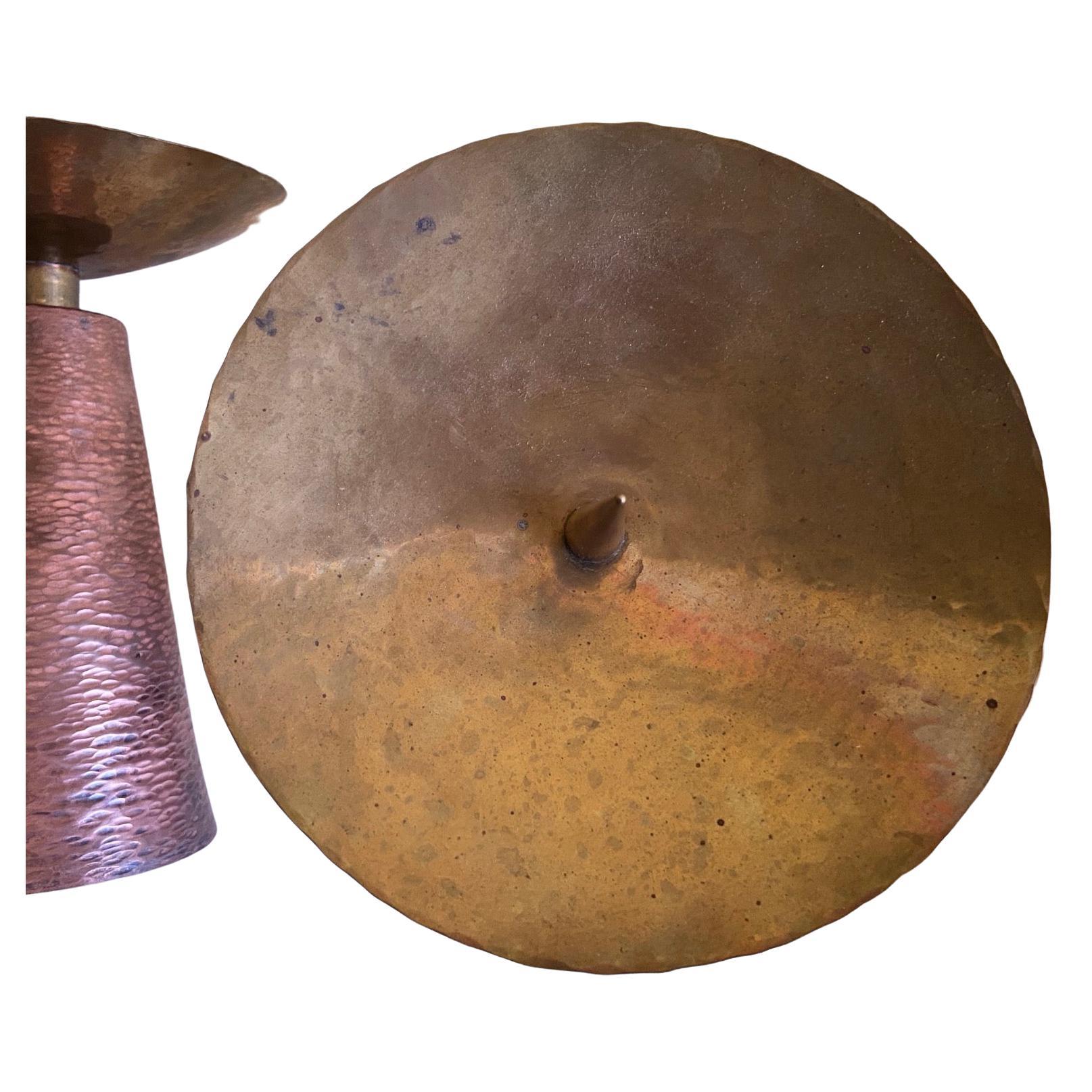 20th Century Large Pair of Arts and Crafts hammered Copper and Brass Candlesticks circa 1970s For Sale