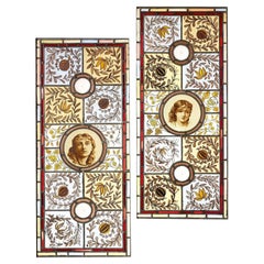 Antique Large Pair of Arts & Crafts Style Stained Glass Panels