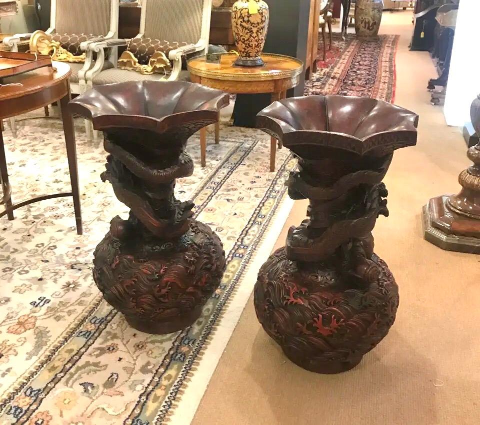 Hardwood Large Pair of Asian Carved Wood Dragon Floor Vases