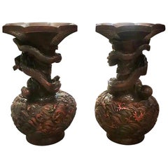 Large Pair of Asian Carved Wood Dragon Floor Vases