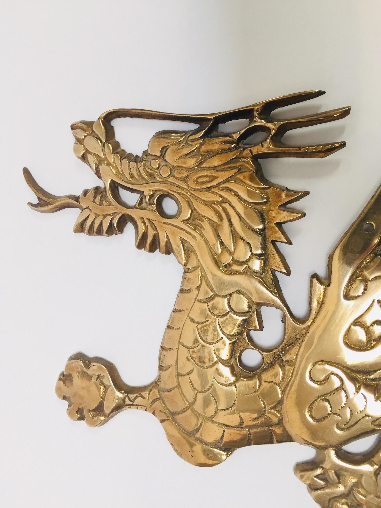 Large Pair of Asian Cast Brass Dragons Chasing a Ball Wall Mount 1