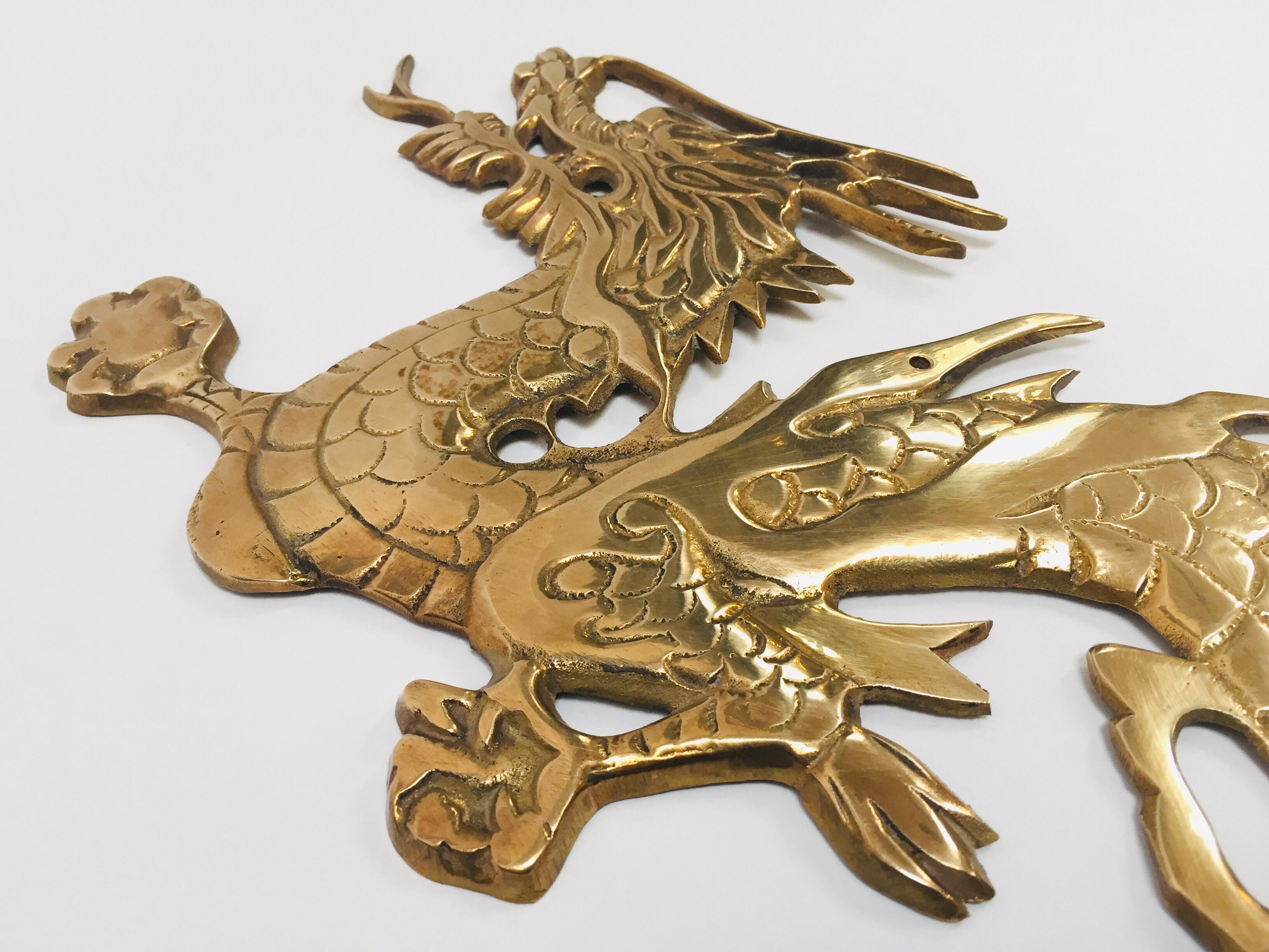 Large Pair of Asian Cast Brass Dragons Chasing a Ball Wall Mount 5