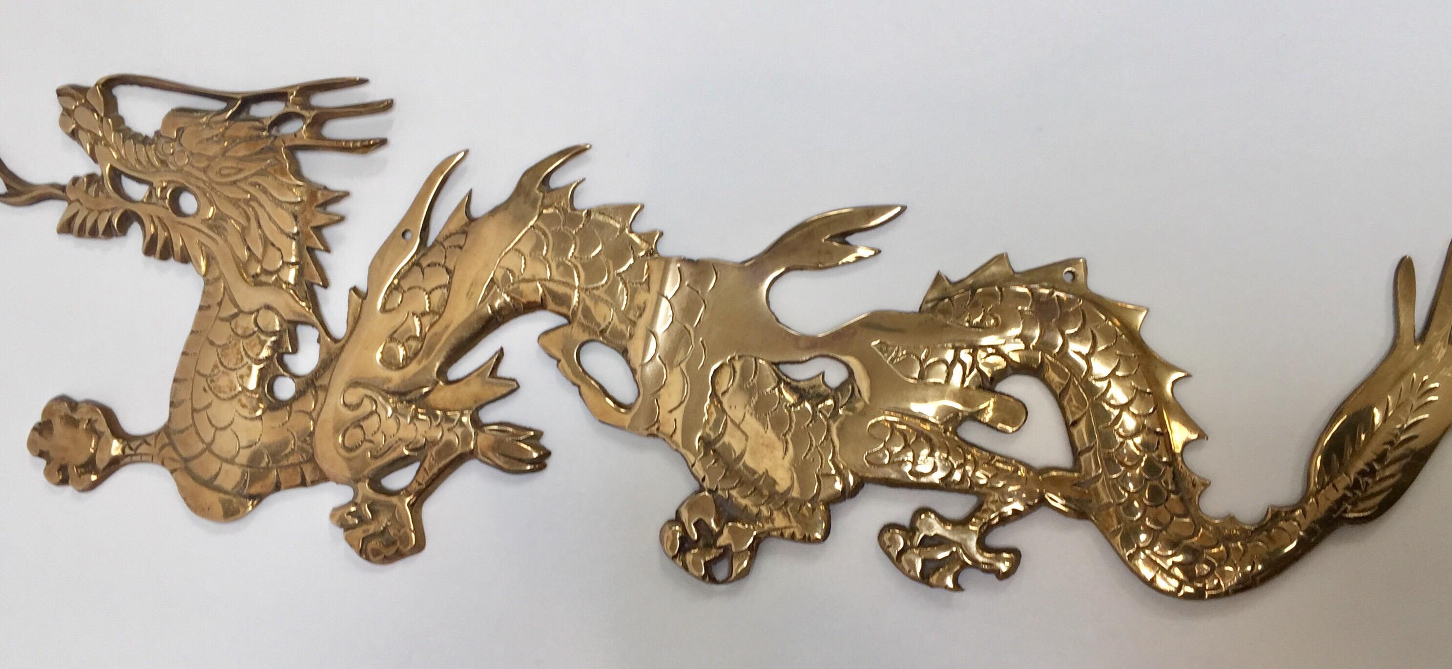 Large Pair of Asian Cast Brass Dragons Chasing a Ball Wall Mount 4
