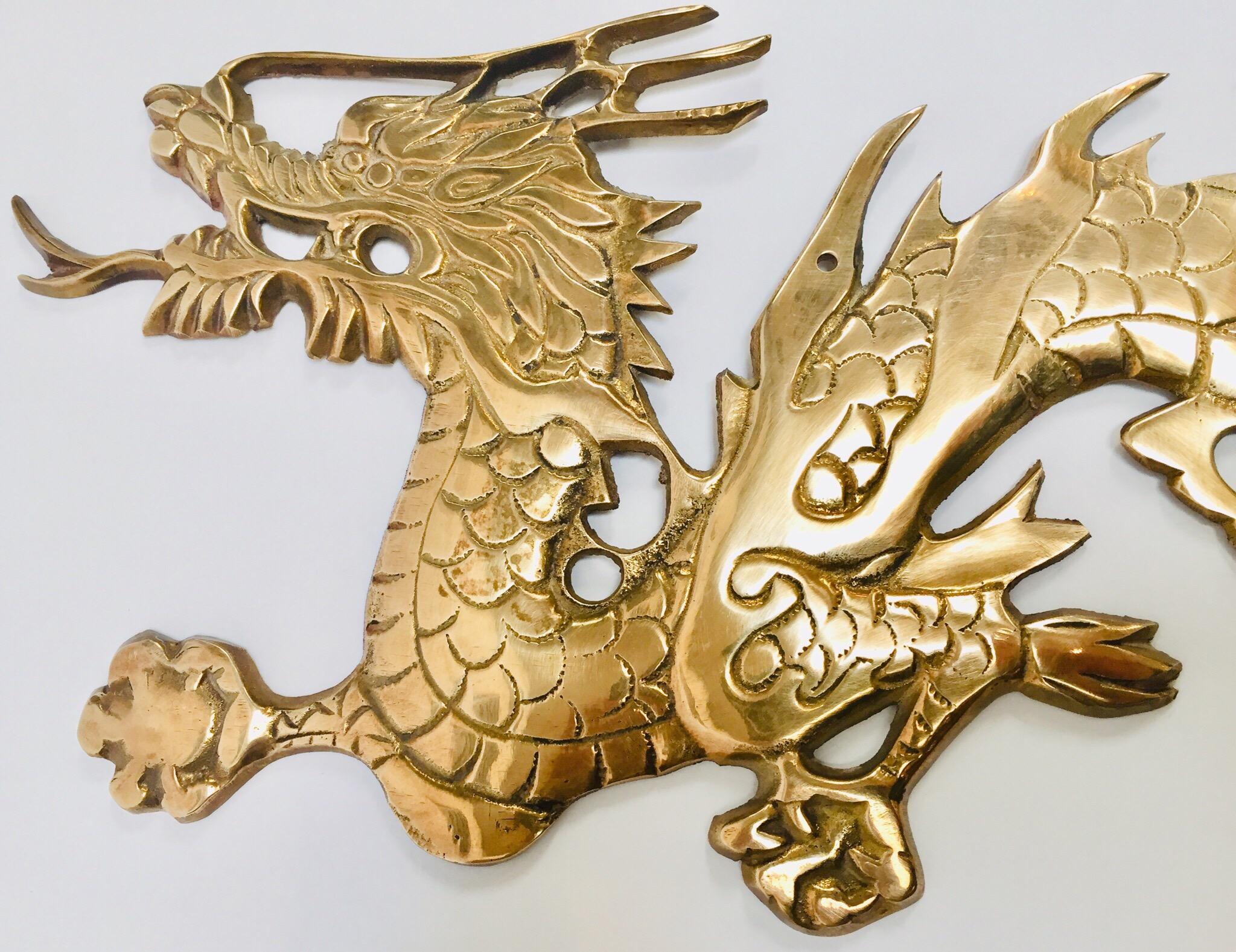 Large Pair of Asian Cast Brass Dragons Chasing a Ball Wall Mount 5