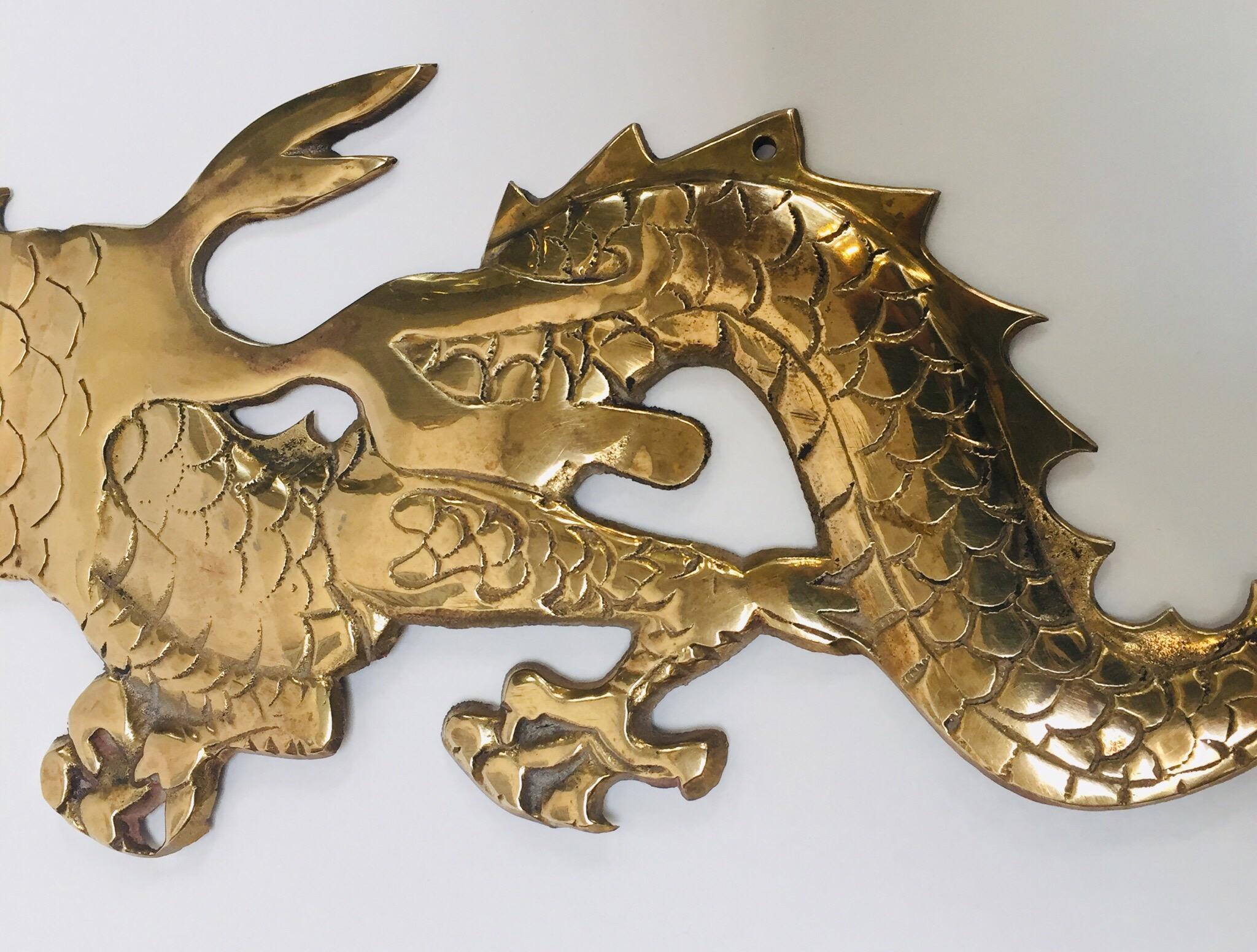 Large Pair of Asian Cast Brass Dragons Chasing a Ball Wall Mount 8