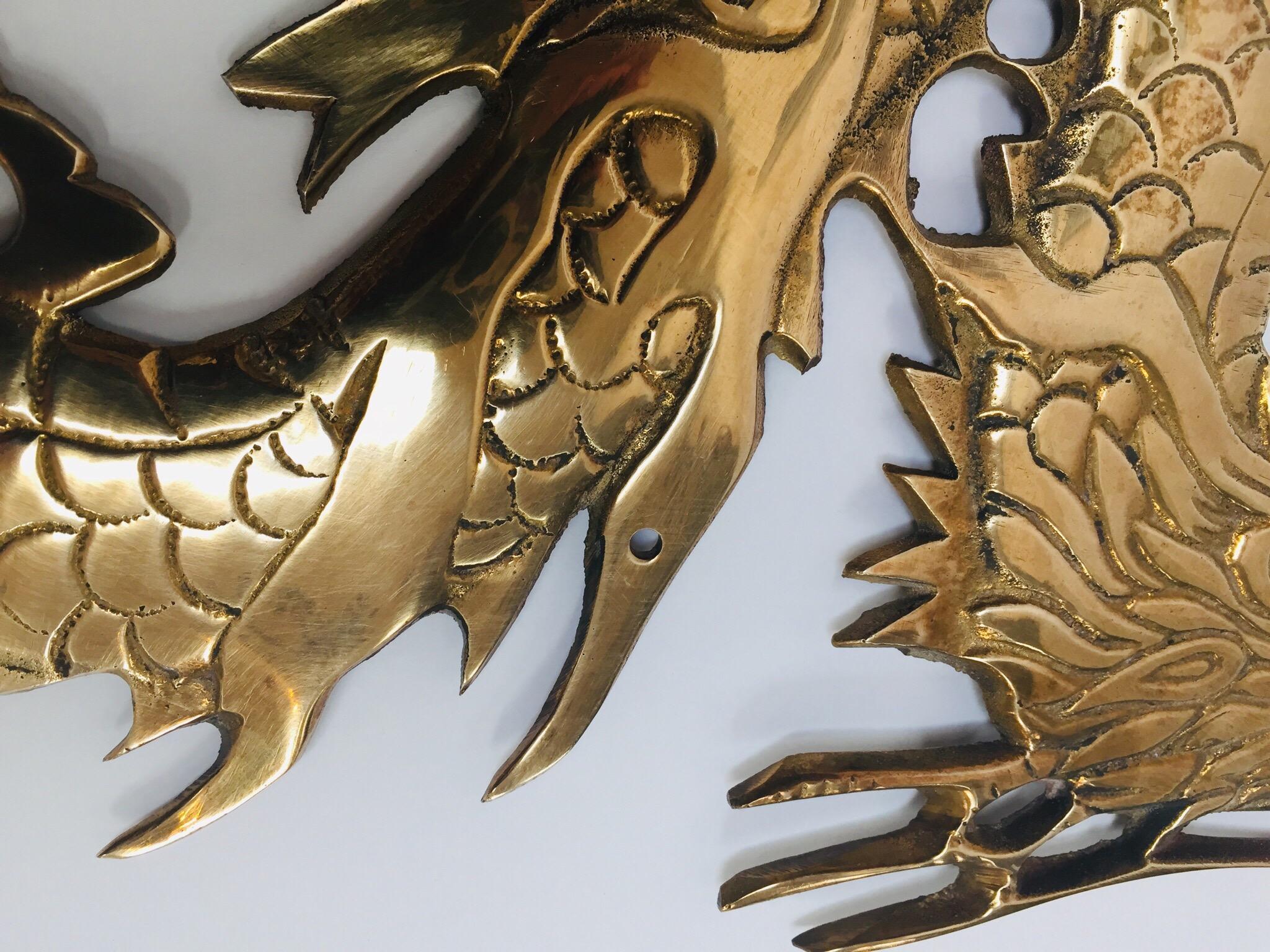 Large Pair of Asian Cast Brass Dragons Chasing a Ball Wall Mount 7