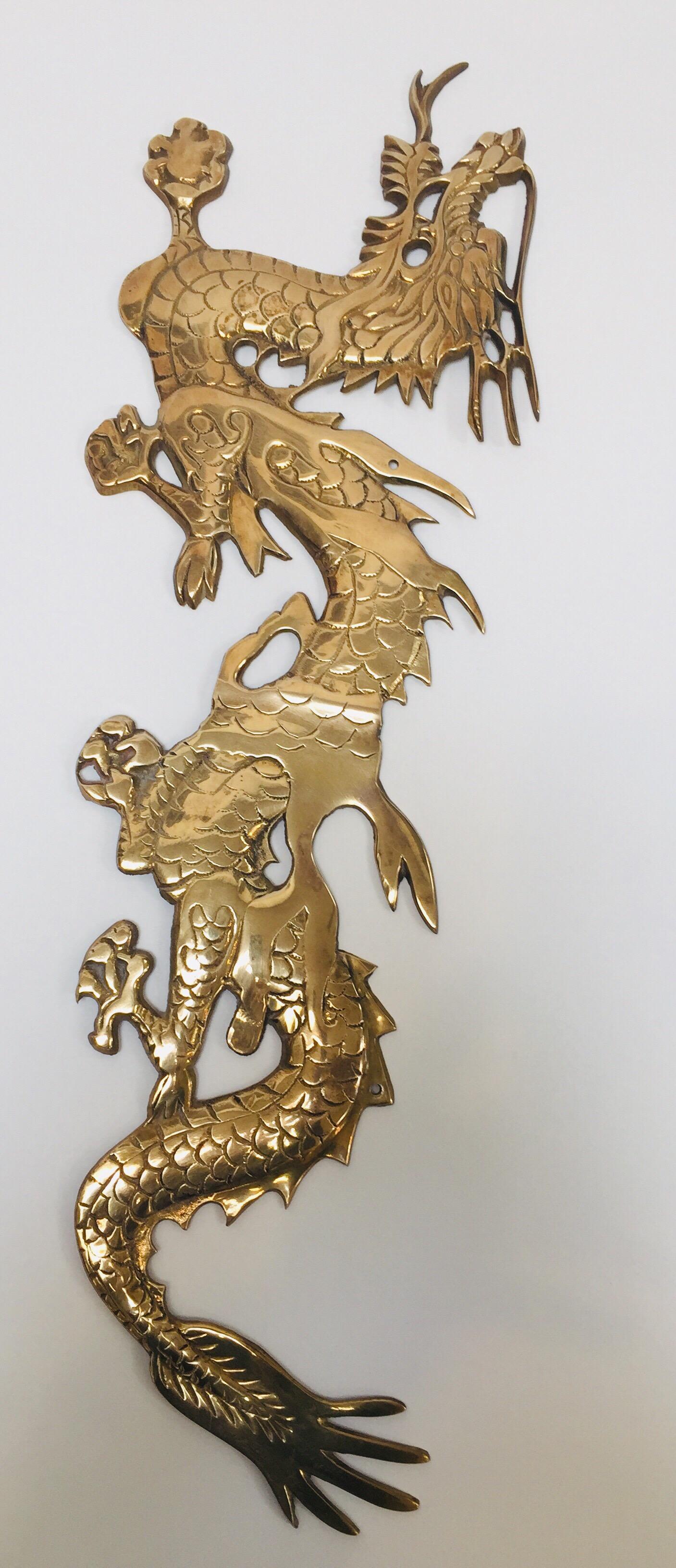 Large Pair of Asian Cast Brass Dragons Chasing a Ball Wall Mount 11