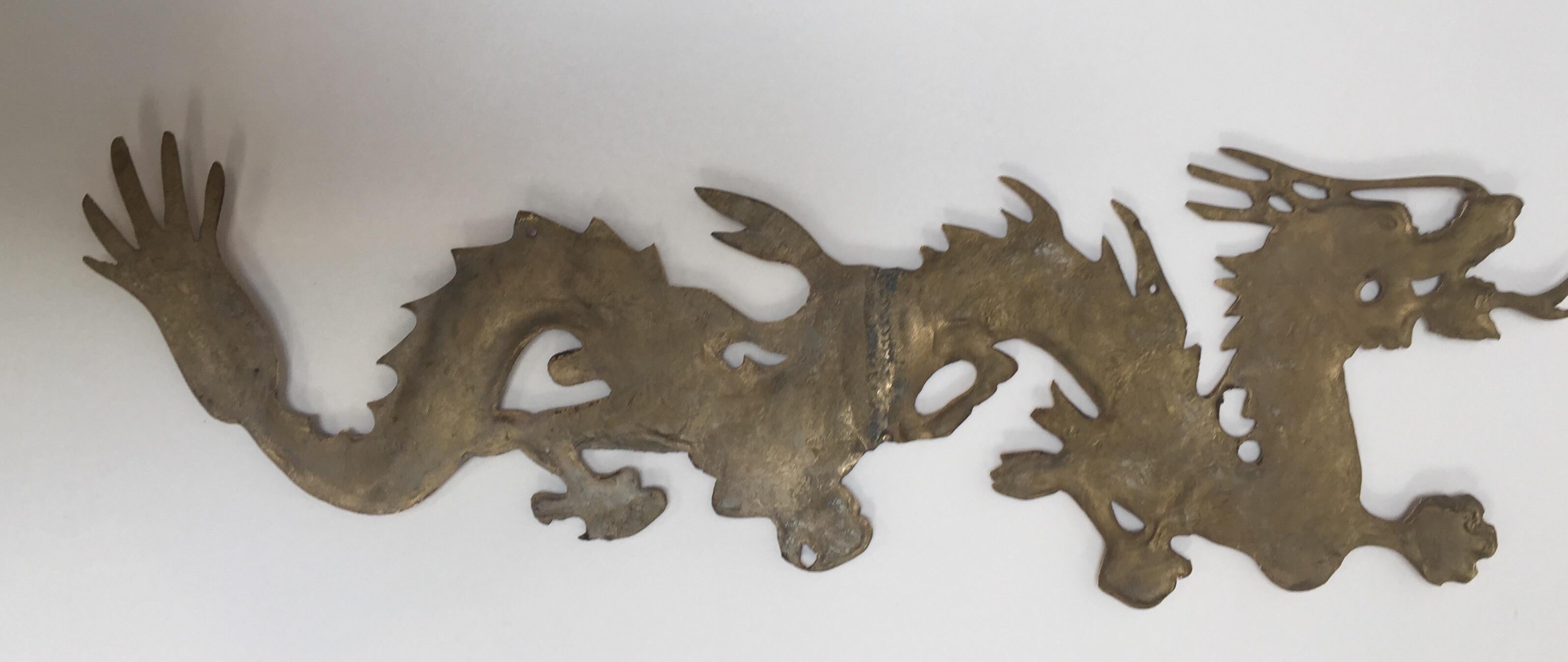 Large Pair of Asian Cast Brass Dragons Chasing a Ball Wall Mount 10