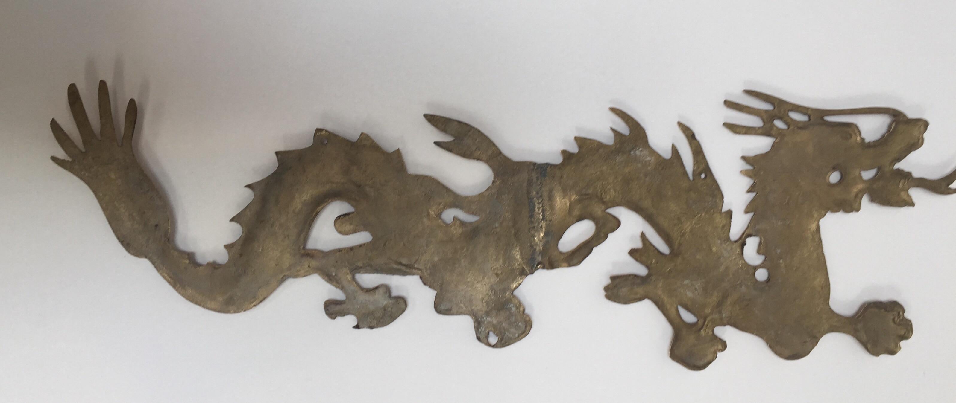 Large Pair of Asian Cast Brass Dragons Chasing a Ball Wall Mount 12