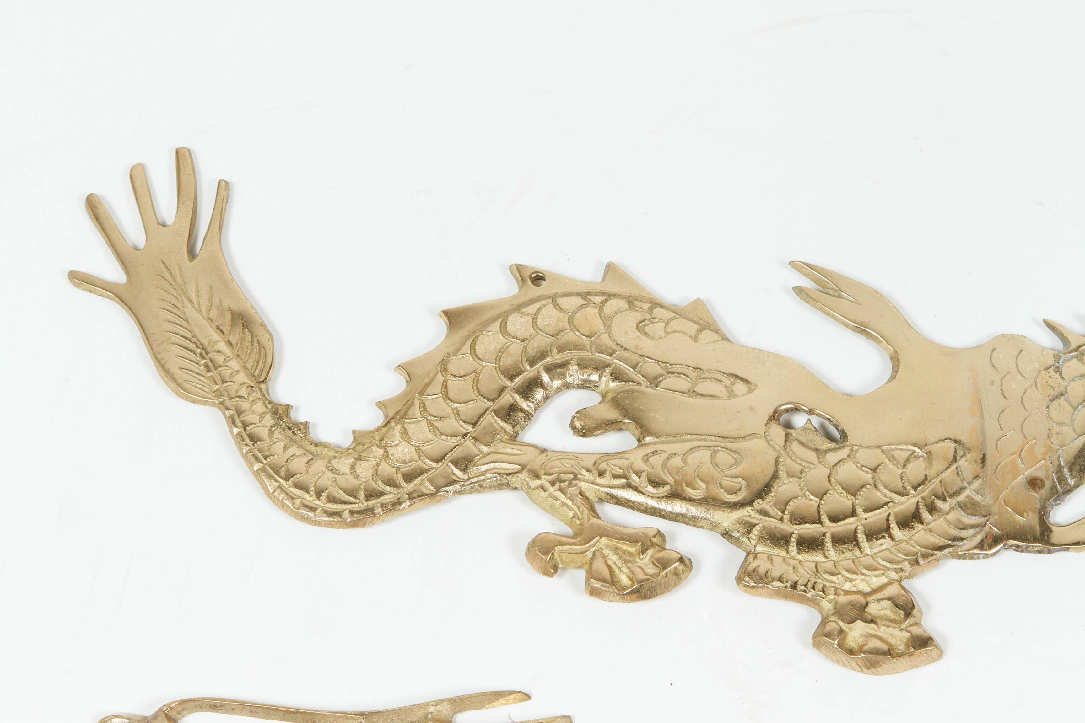 Chinese Large Pair of Asian Cast Brass Dragons Chasing a Ball Wall Mount