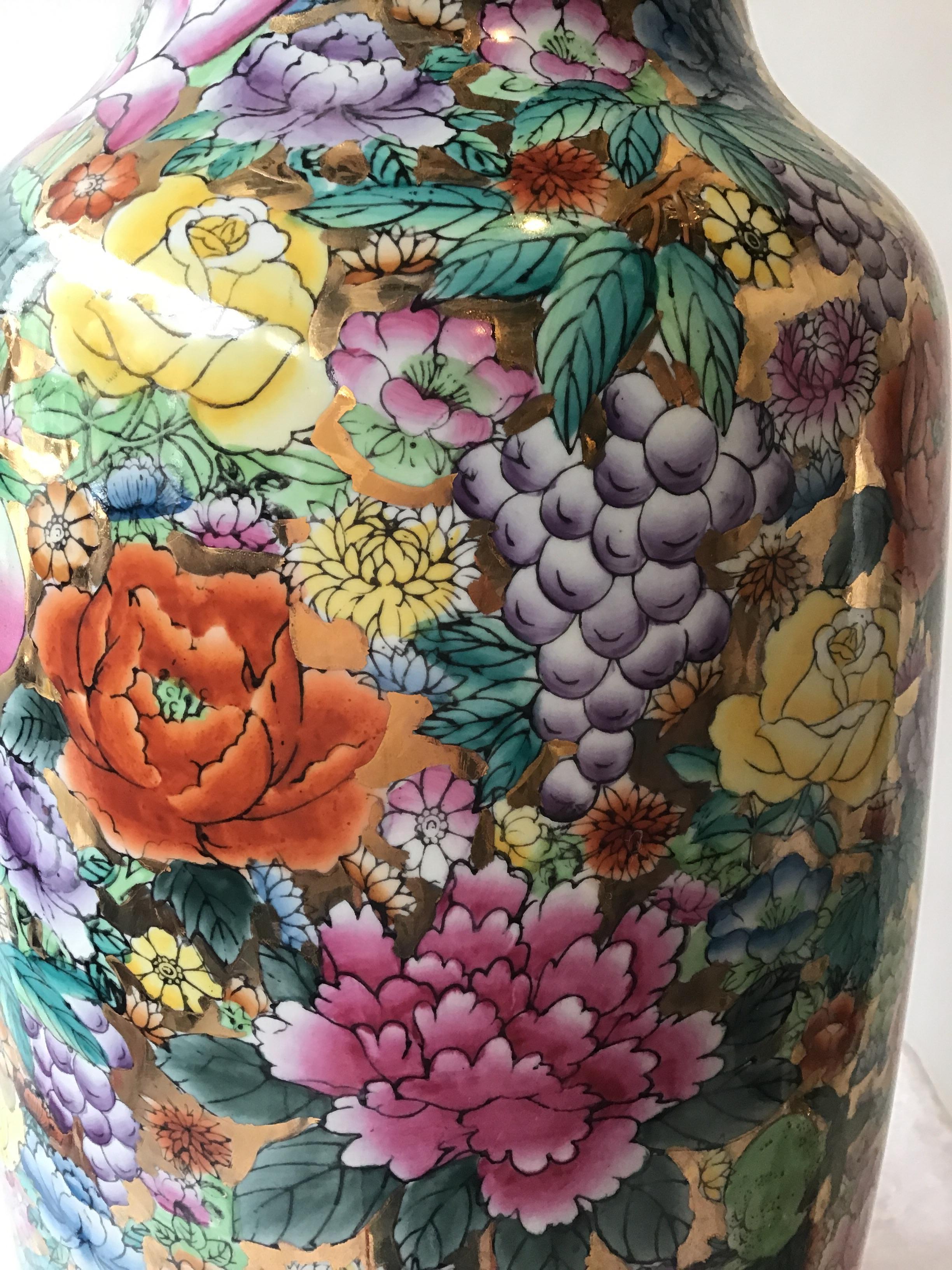 Large Pair of Asian Floral Gilt Ceramic Lamps 6