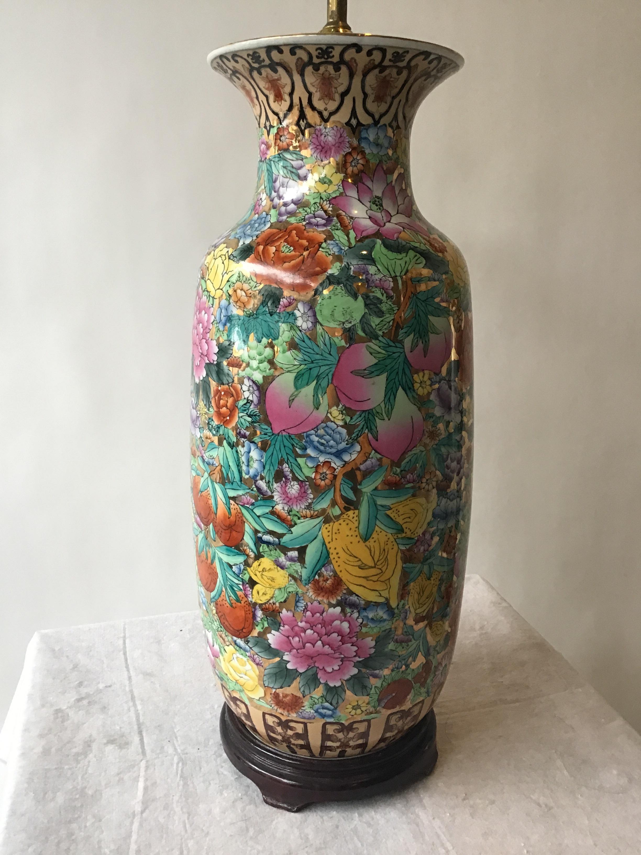 Large Pair of Asian Floral Gilt Ceramic Lamps 1