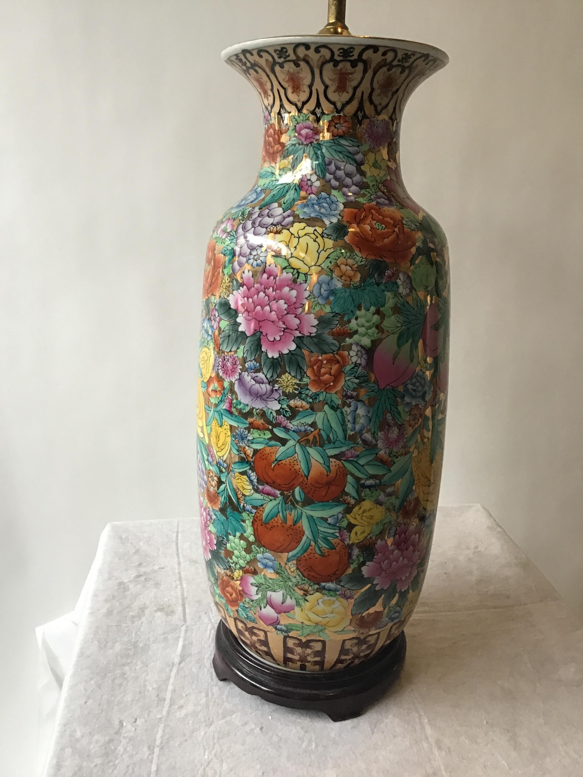 Large Pair of Asian Floral Gilt Ceramic Lamps 2